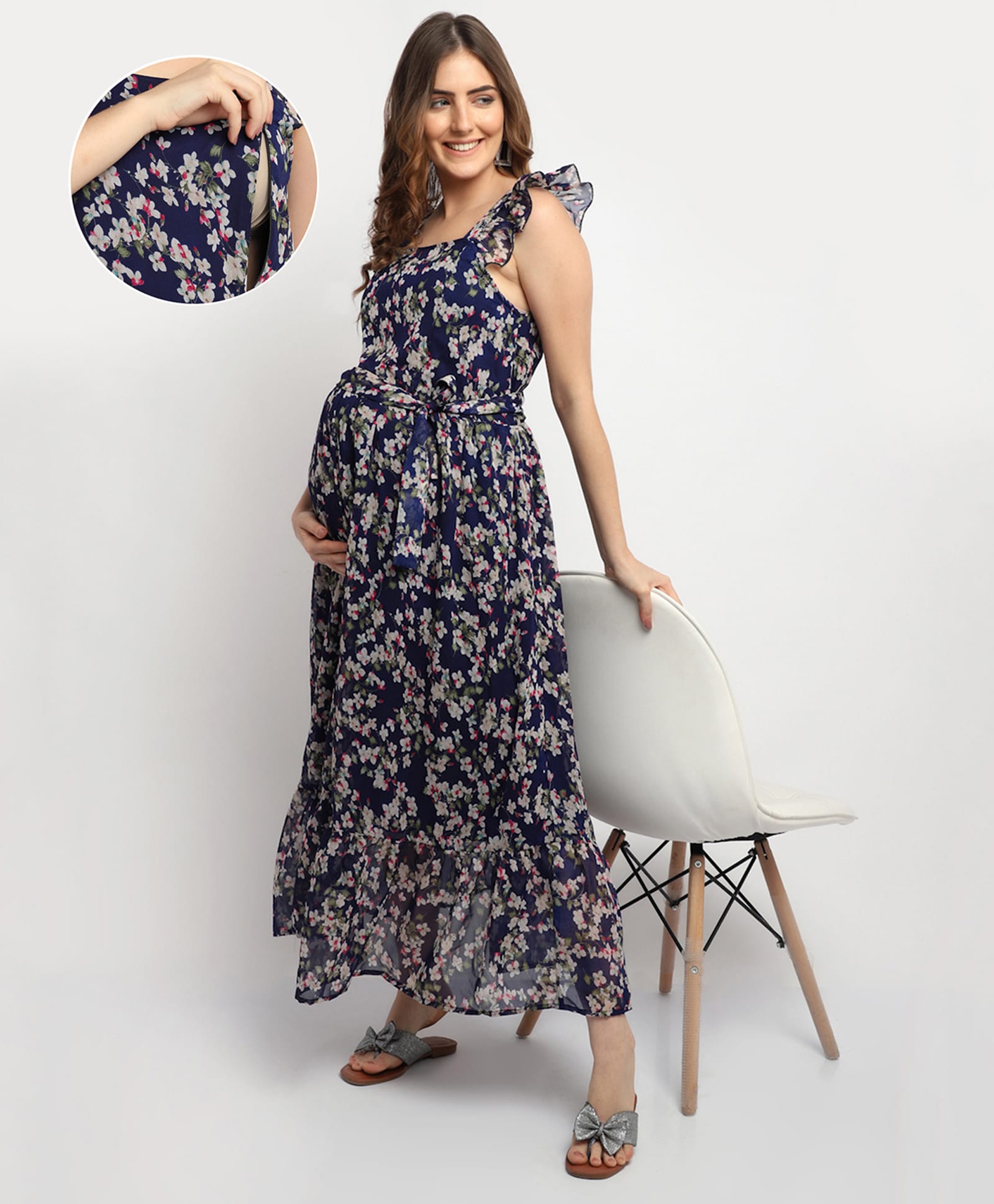 Moms Maternity Georgette Woven Frill Sleeves Floral Printed Maternity Dress With Side Zipper Nursing Access - Navy Blue-image-32