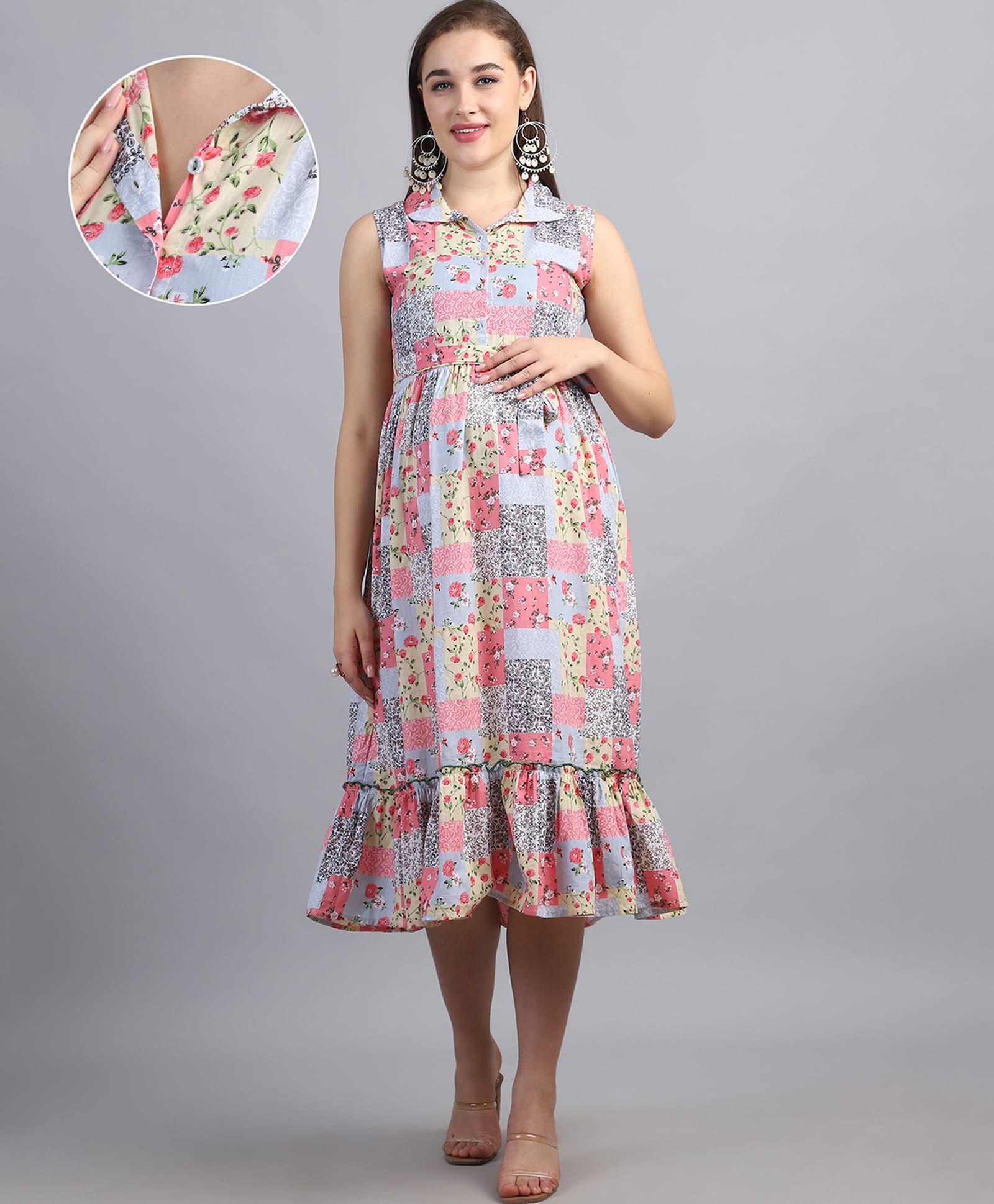 Moms Maternity Cotton Woven Sleeveless Floral Printed Maternity Dress With Centre Nursing Access - Multi Colour-picture-12