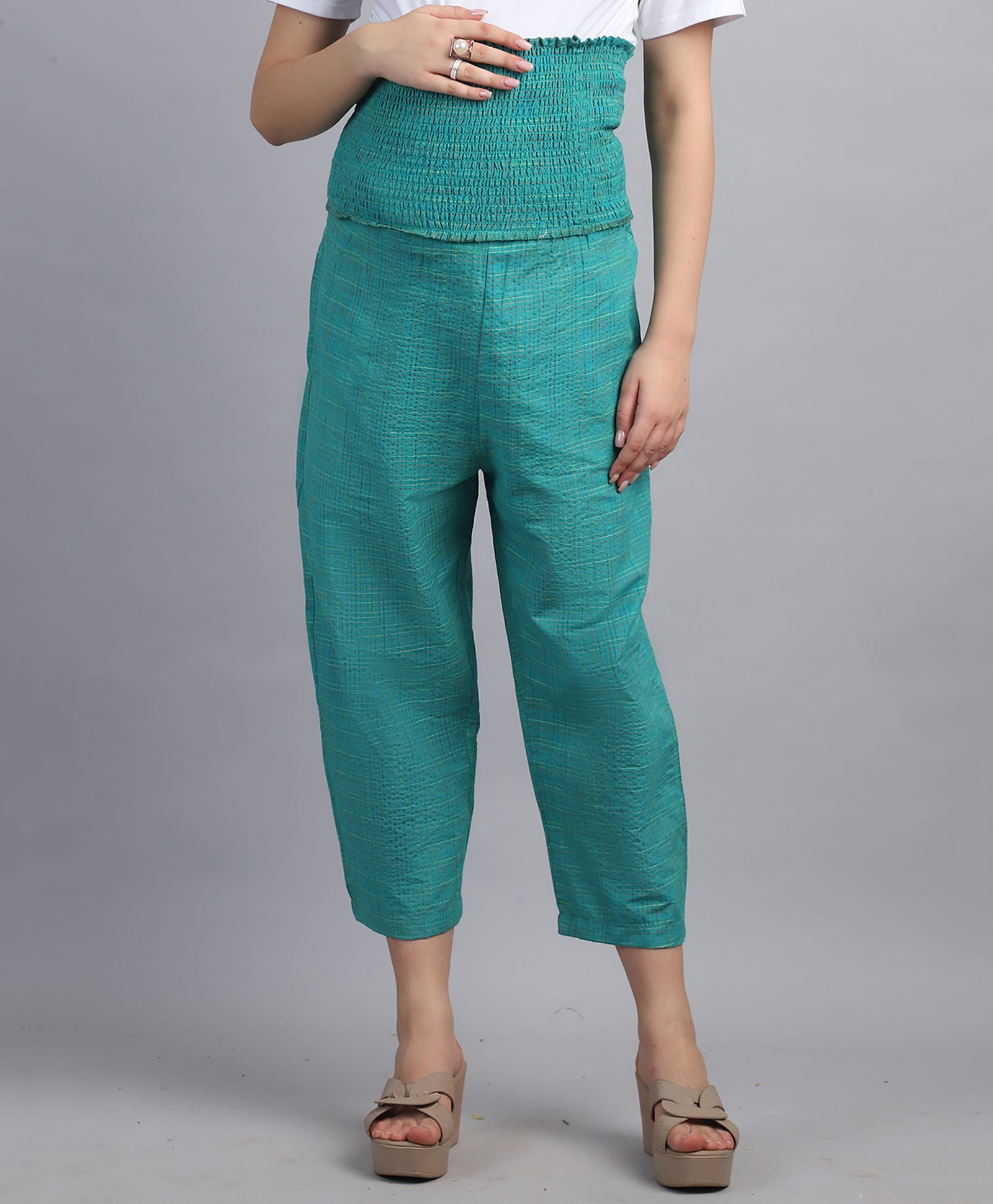 Moms Maternity Cotton Woven High Rise Checked Maternity Trousers - Green-picture-19