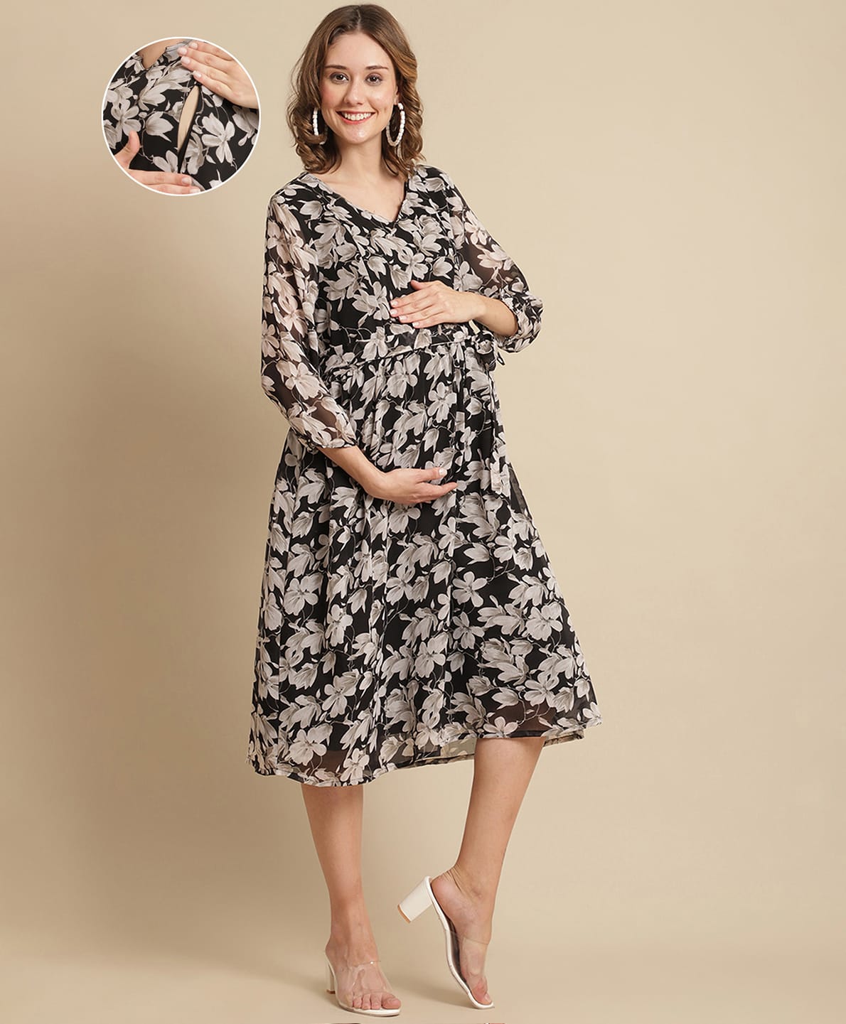 Moms Maternity Georgette Woven Three Fourth Sleeves Floral Printed Maternity Dress With Side Nursing Access - Black-picture-27