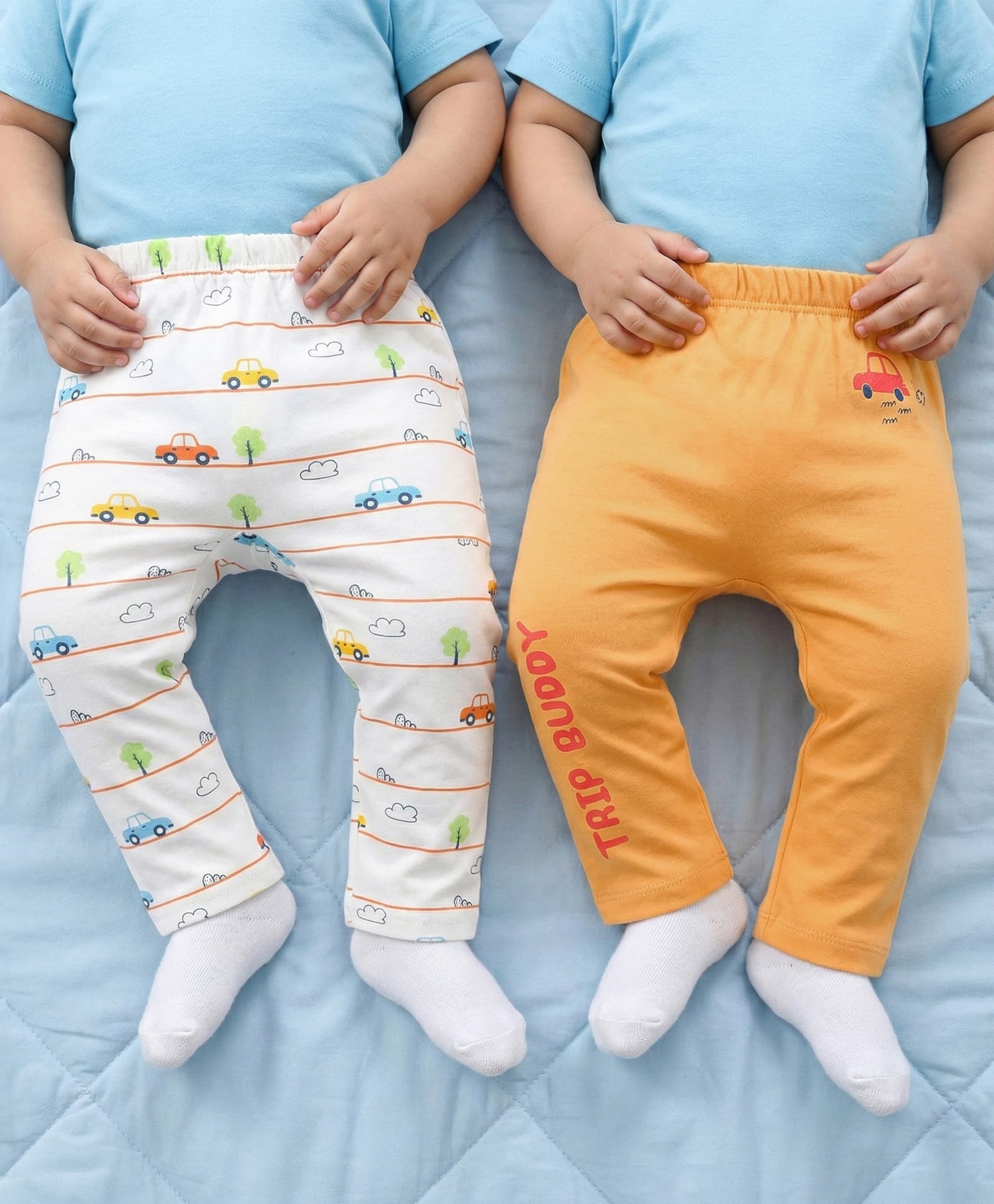 Babyoye 100% Cotton Knit Full Length Diaper Leggings with Car Print Pack of 2 - Yellow & White-picture-11