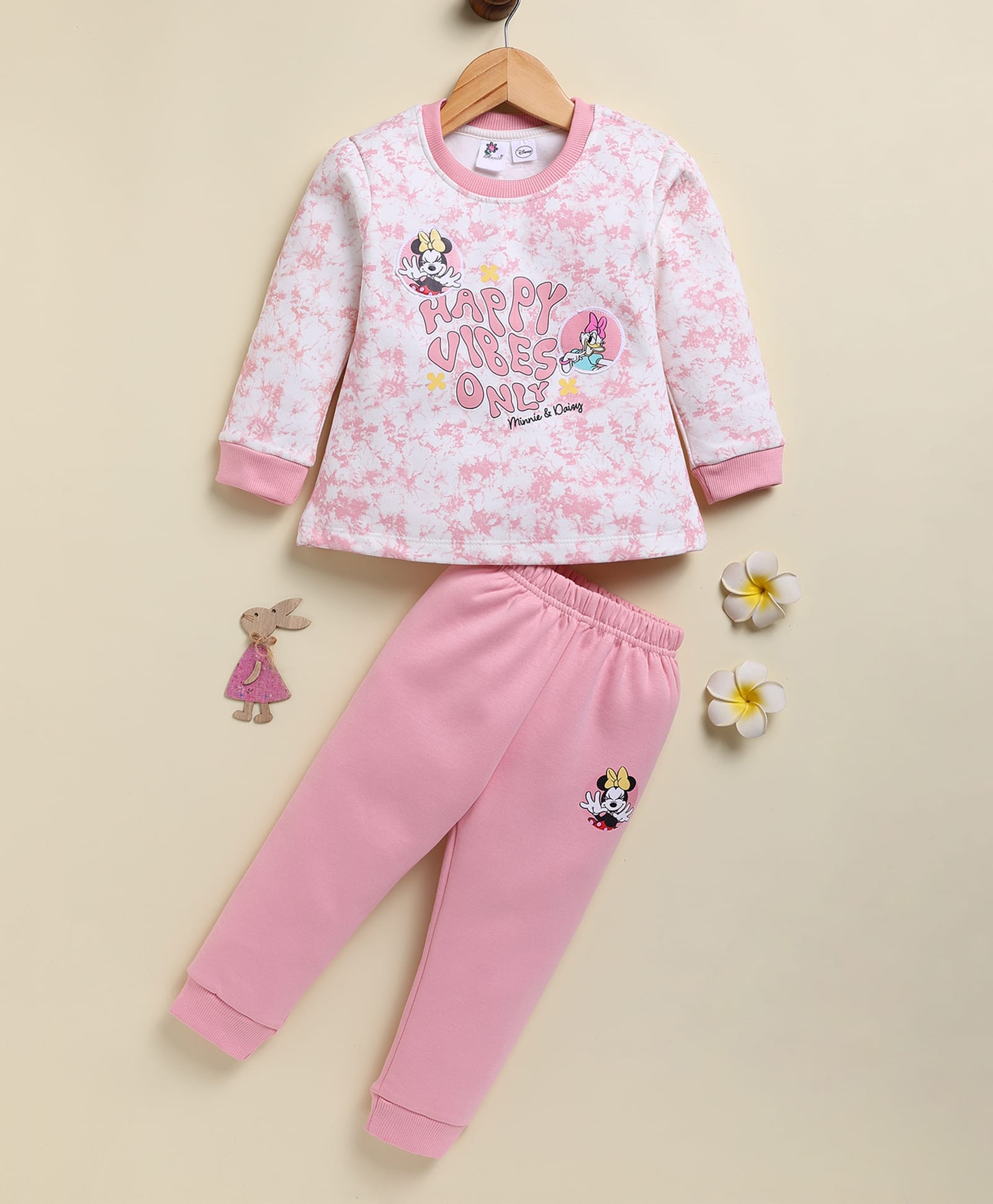 Annie Kids Fleece Knit Mickey & Friends Featuring Full Sleeves Minnie Mouse & Daisy Duck Good Vibes Only Text Printed Sweatshirt & Joggers Set - Peach-image-35