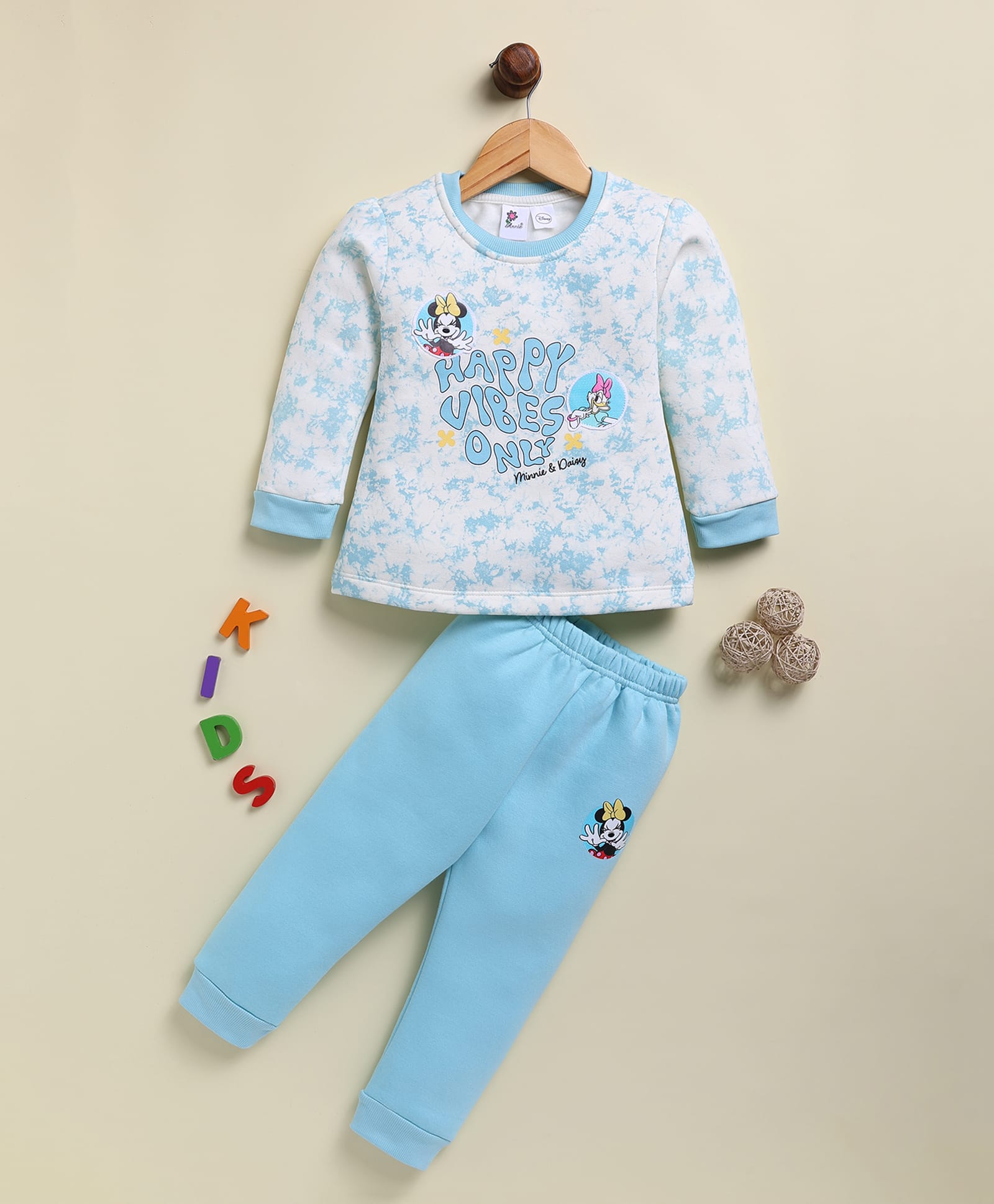 Annie Kids Fleece Knit Mickey & Friends Featuring Full Sleeves Minnie Mouse & Daisy Duck Good Vibes Only Text Printed Sweatshirt & Joggers Set - Sky Blue-image-24