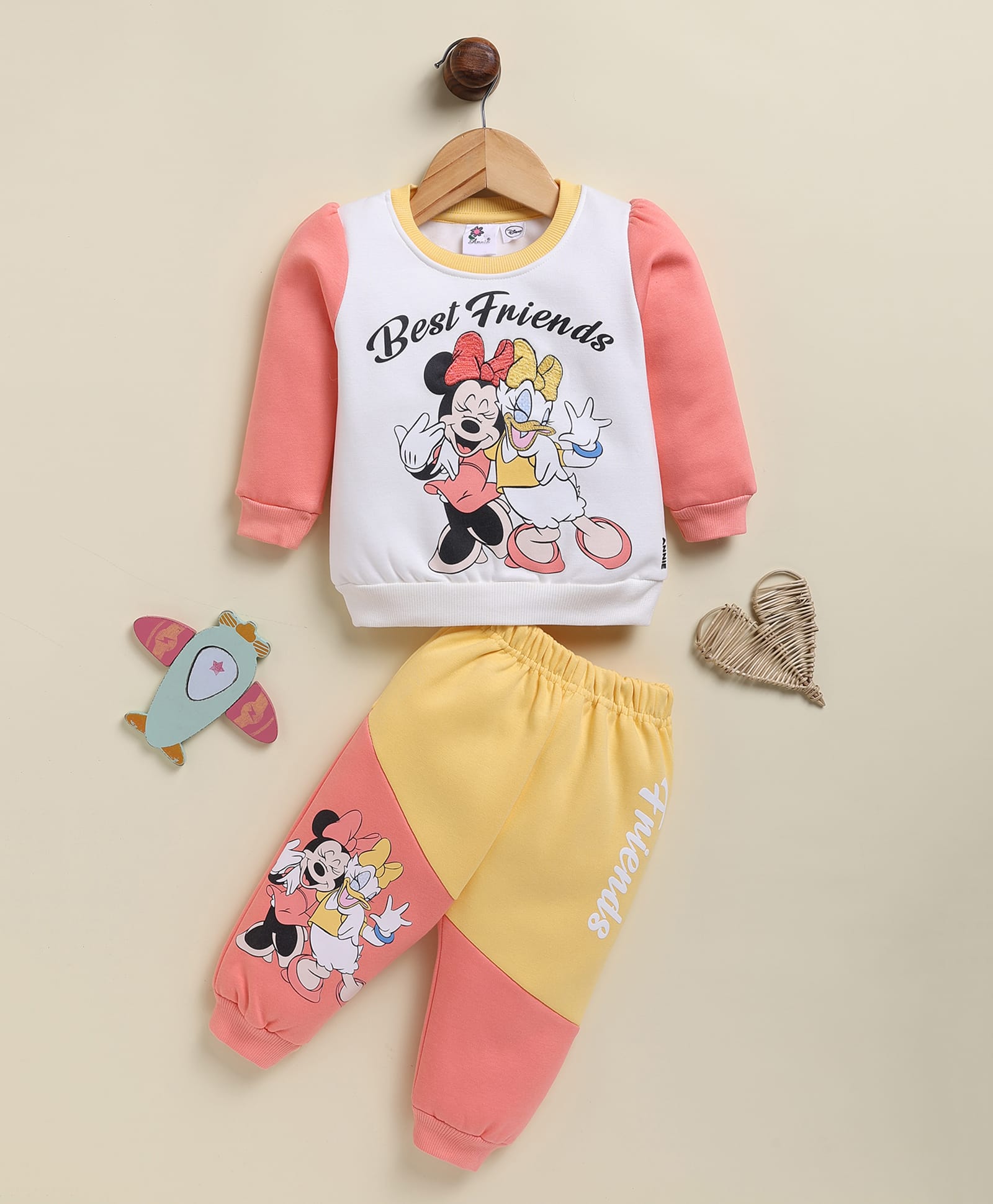 Annie Kids Fleece Knit Mickey & Friends Featuring Full Sleeves Minnie Mouse & Daisy Duck Best Friends Text Printed Sweatshirt & Joggers Set - Orange-image-37
