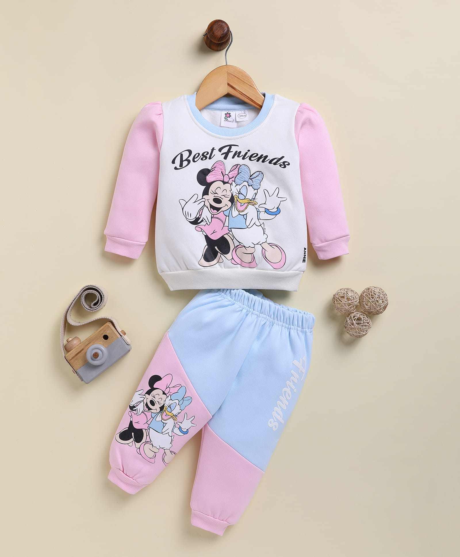 Annie Kids Fleece Knit Mickey & Friends Featuring Full Sleeves Minnie Mouse & Daisy Duck Best Friends Text Printed Sweatshirt & Joggers Set - Pink-image-39