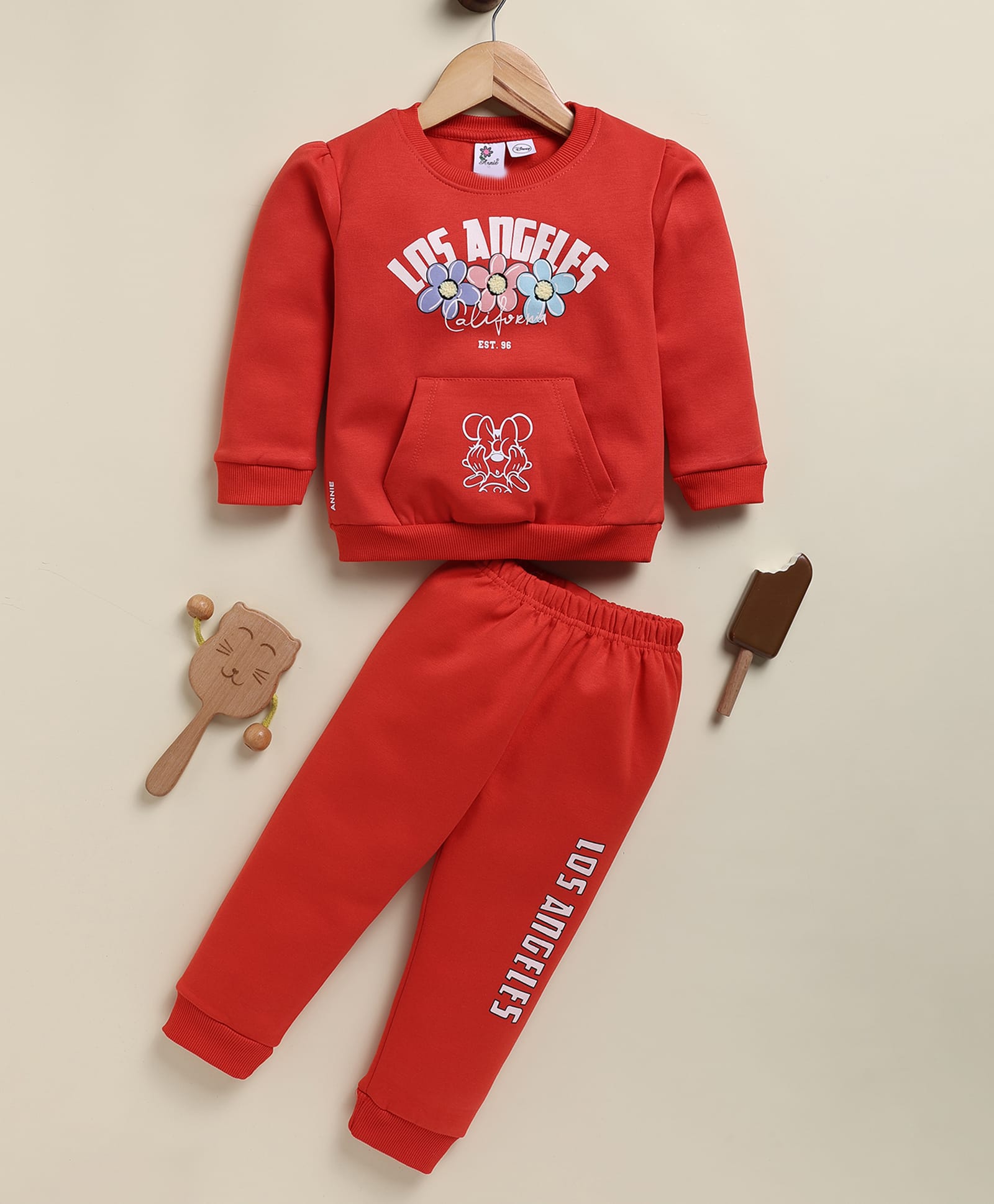 Annie Kids Fleece Knit Mickey & Friends Featuring Full Sleeves Minnie Mouse Los Angeles Text Printed Sweatshirt & Joggers Set - Red-image-39