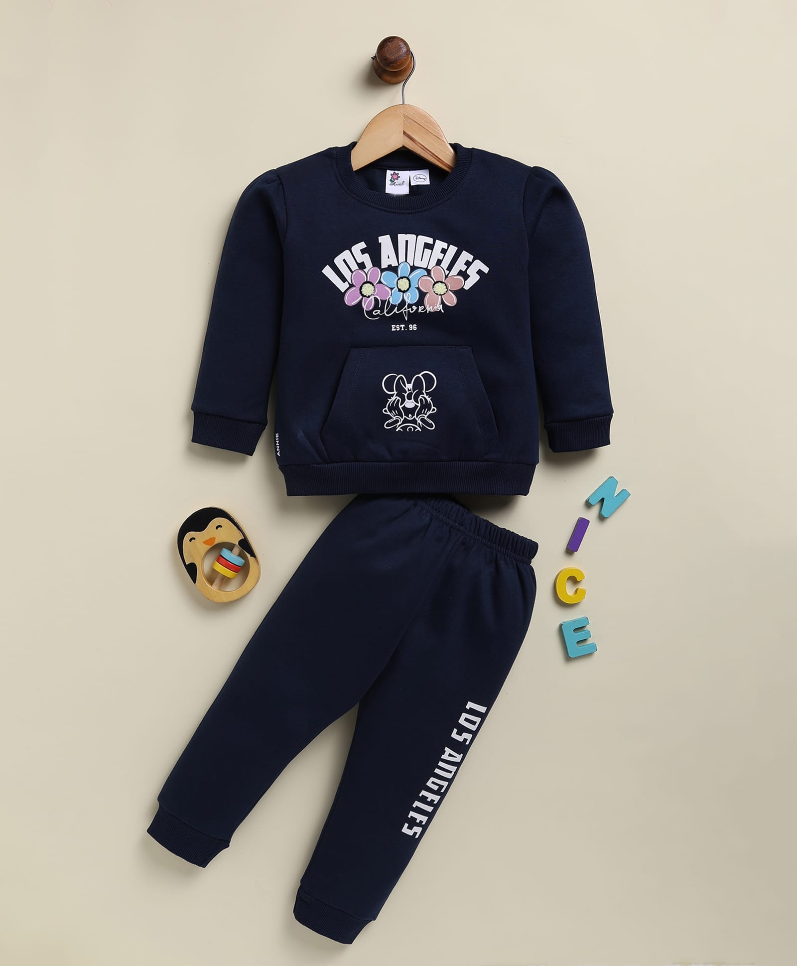 Annie Kids Fleece Knit Mickey & Friends Featuring Full Sleeves Minnie Mouse Los Angeles Text Printed Sweatshirt & Joggers Set - Blue-image-46