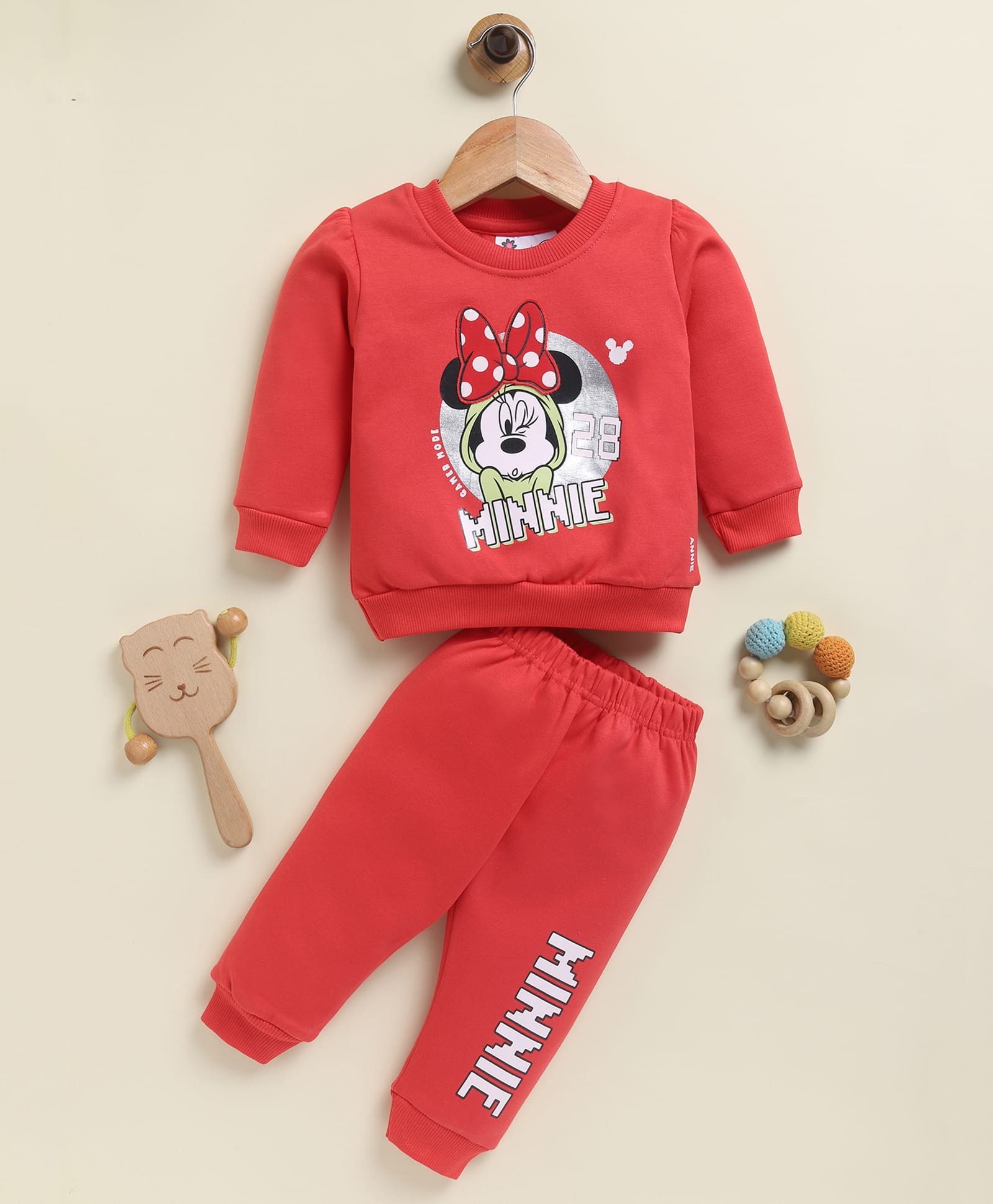 Annie Kids Fleece Knit Mickey & Friends Featuring Full Sleeves Minnie Mouse Printed Sweatshirt & Joggers Set - Red-image-47