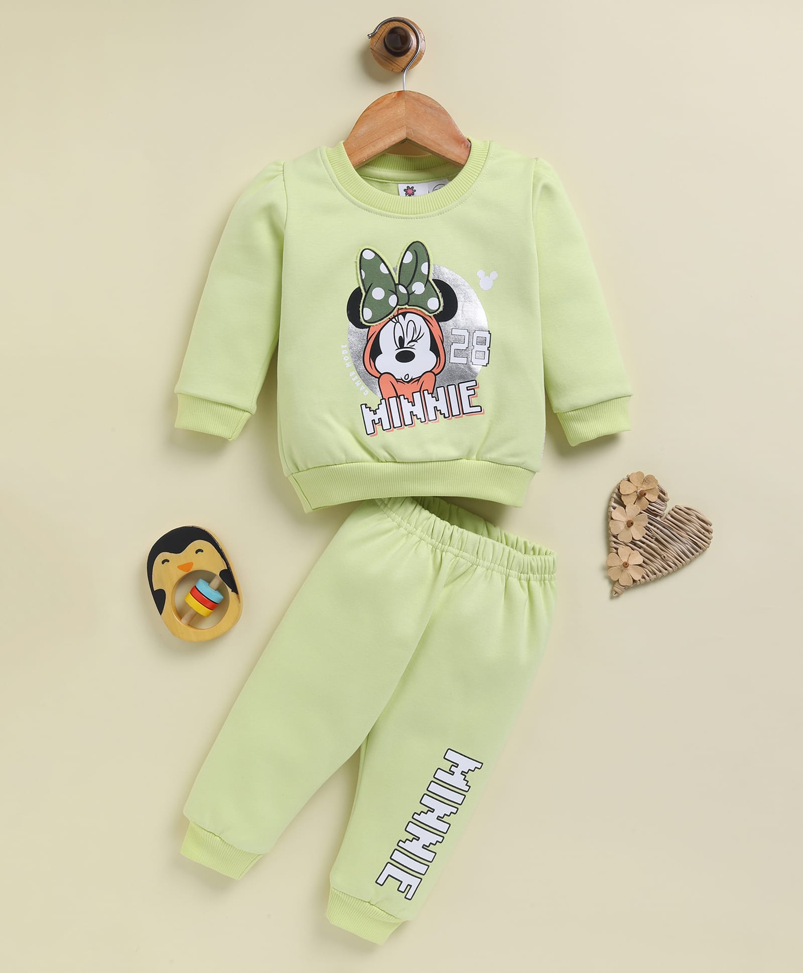 Annie Kids Fleece Knit Mickey & Friends Featuring Full Sleeves Minnie Mouse Printed Sweatshirt & Joggers Set - Green-image-1