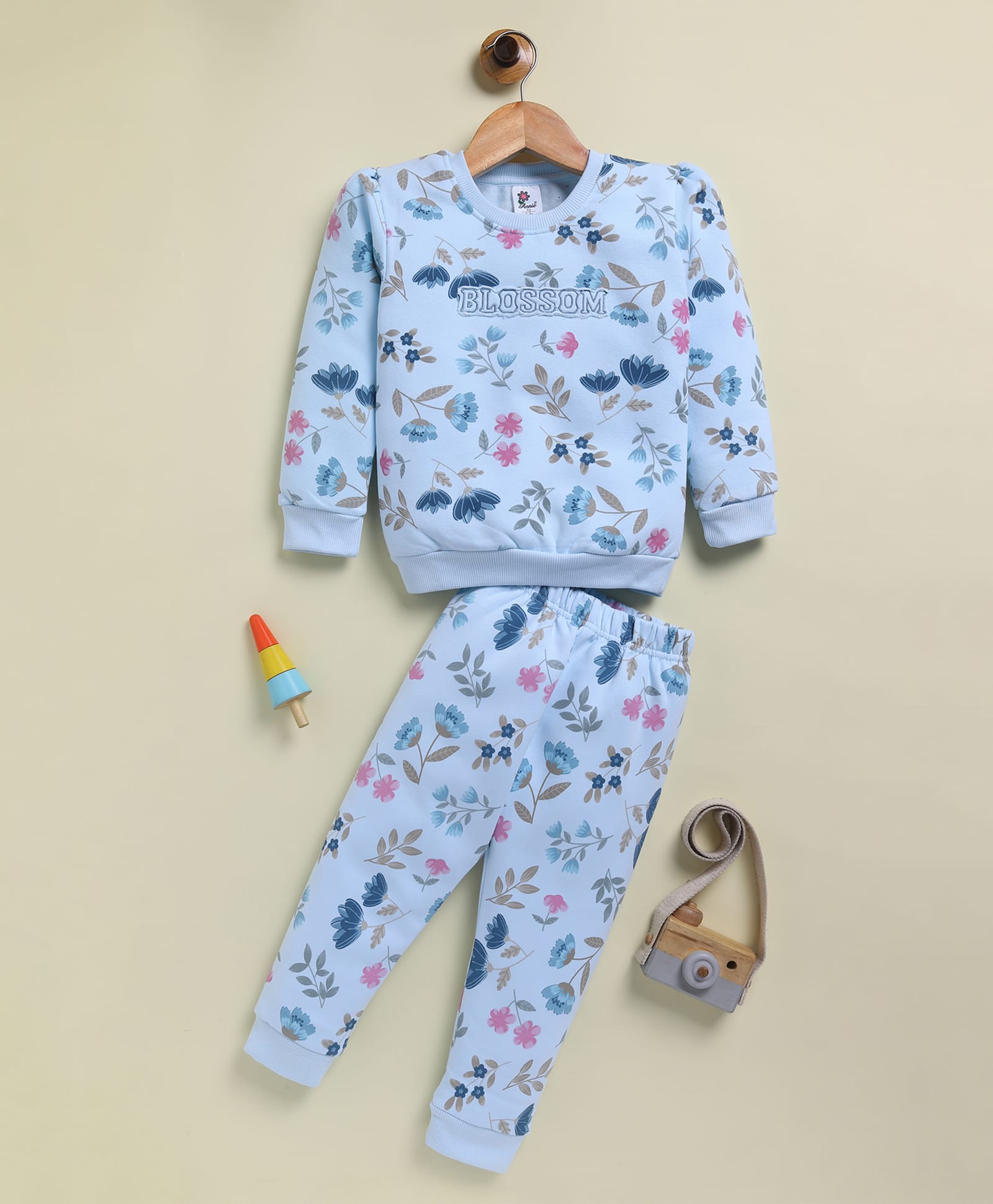Annie Kids Fleece Knit Full Sleeves Blossom Text Floral Printed Coordinating Sweatshirt & Joggers Set - Sky Blue-image-25