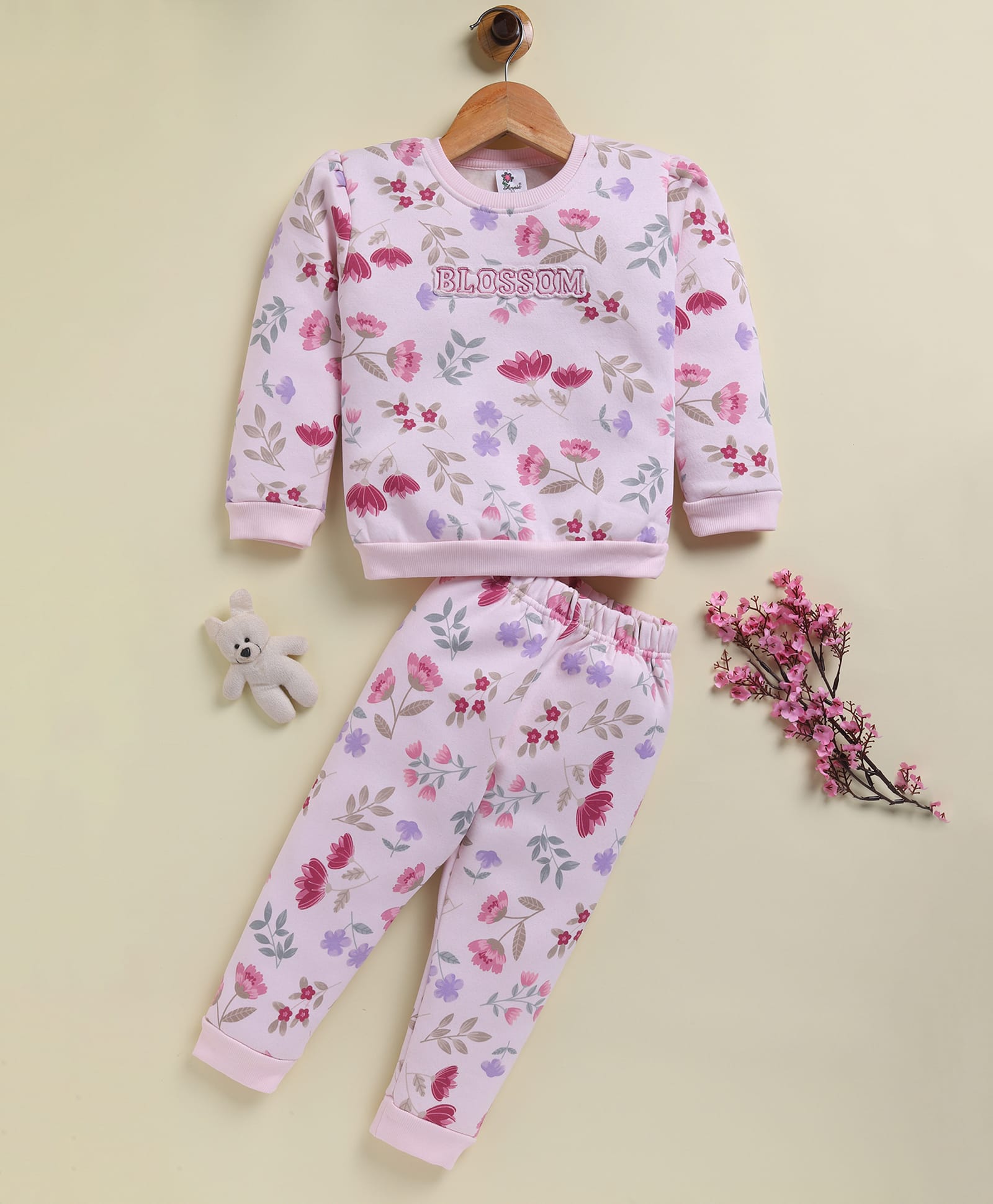 Annie Kids Fleece Knit Full Sleeves Blossom Text Floral Printed Coordinating Sweatshirt & Joggers Set - Pink-image-41