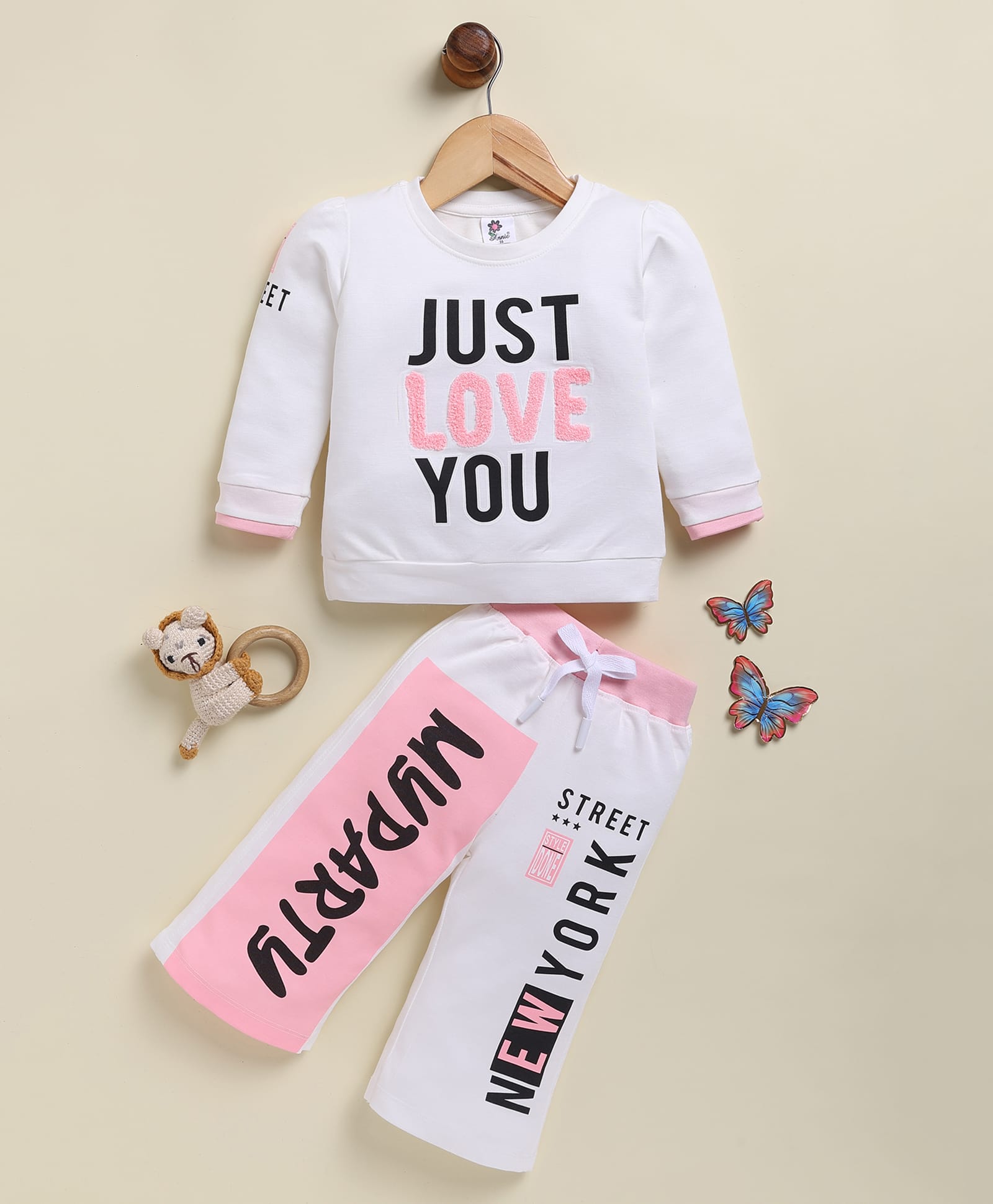 Annie Kids 100% Lyocell Knit Full Sleeves Just Love You Text Printed Top & Palazzo Set - Pink-image-26