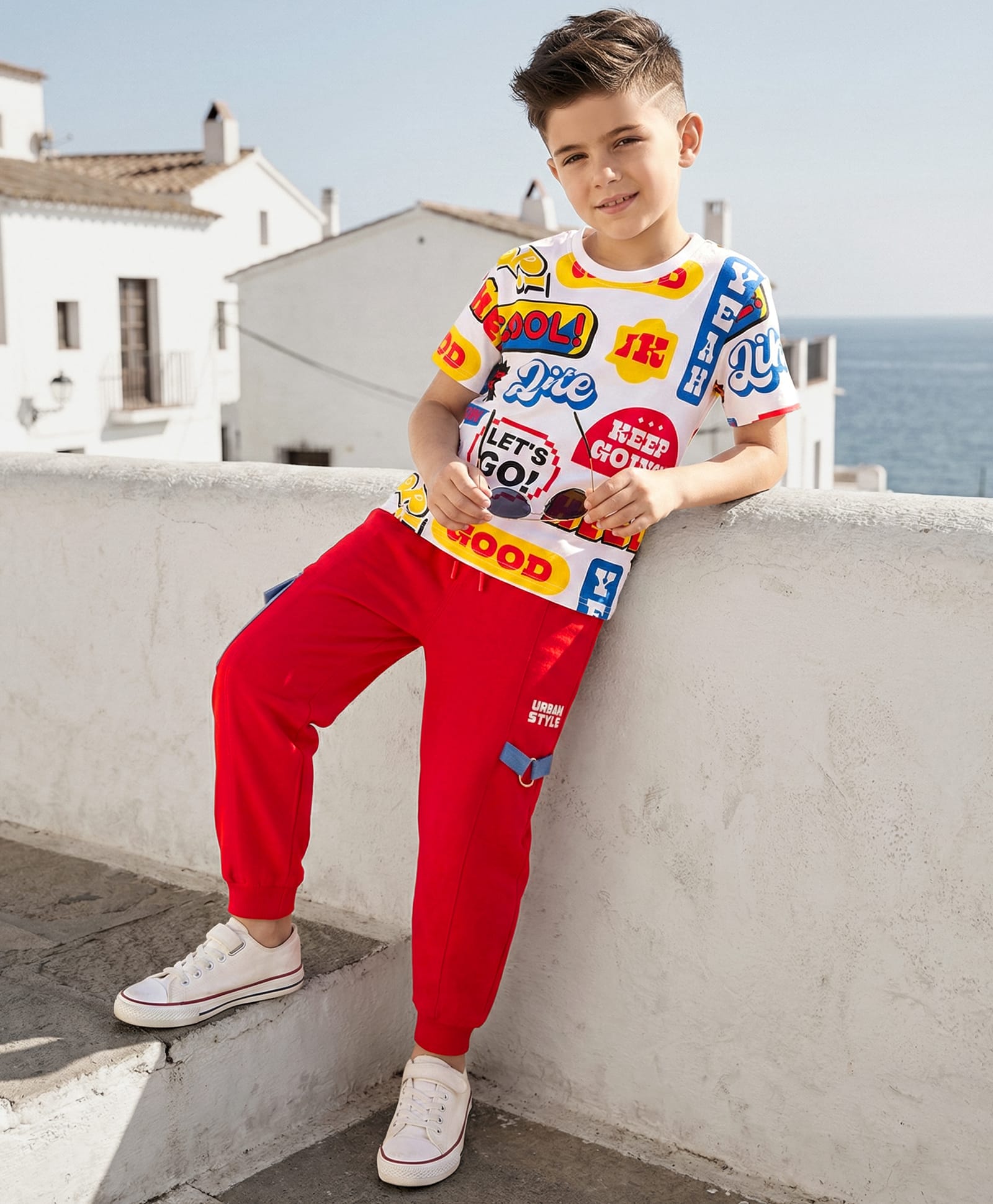 OLLINGTON ST. Cotton Knit Half Sleeve Printed T- Shirt & Joggers Set - Multicolor & Red-image-16