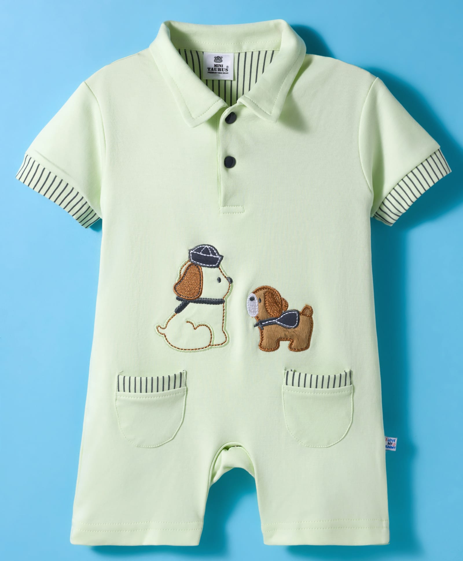 Mini Taurus Interlock Knit Half Sleeves Romper with Puppy Patch - Light Green-picture-30