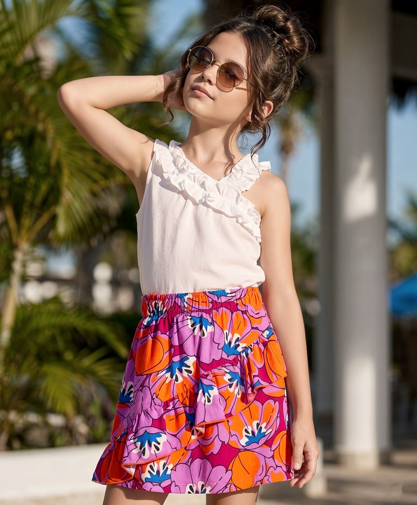 OLLINGTON ST. Cotton Knit Sleeveless Top & Floral Printed Skirt Set - White & Multicolour-image-49
