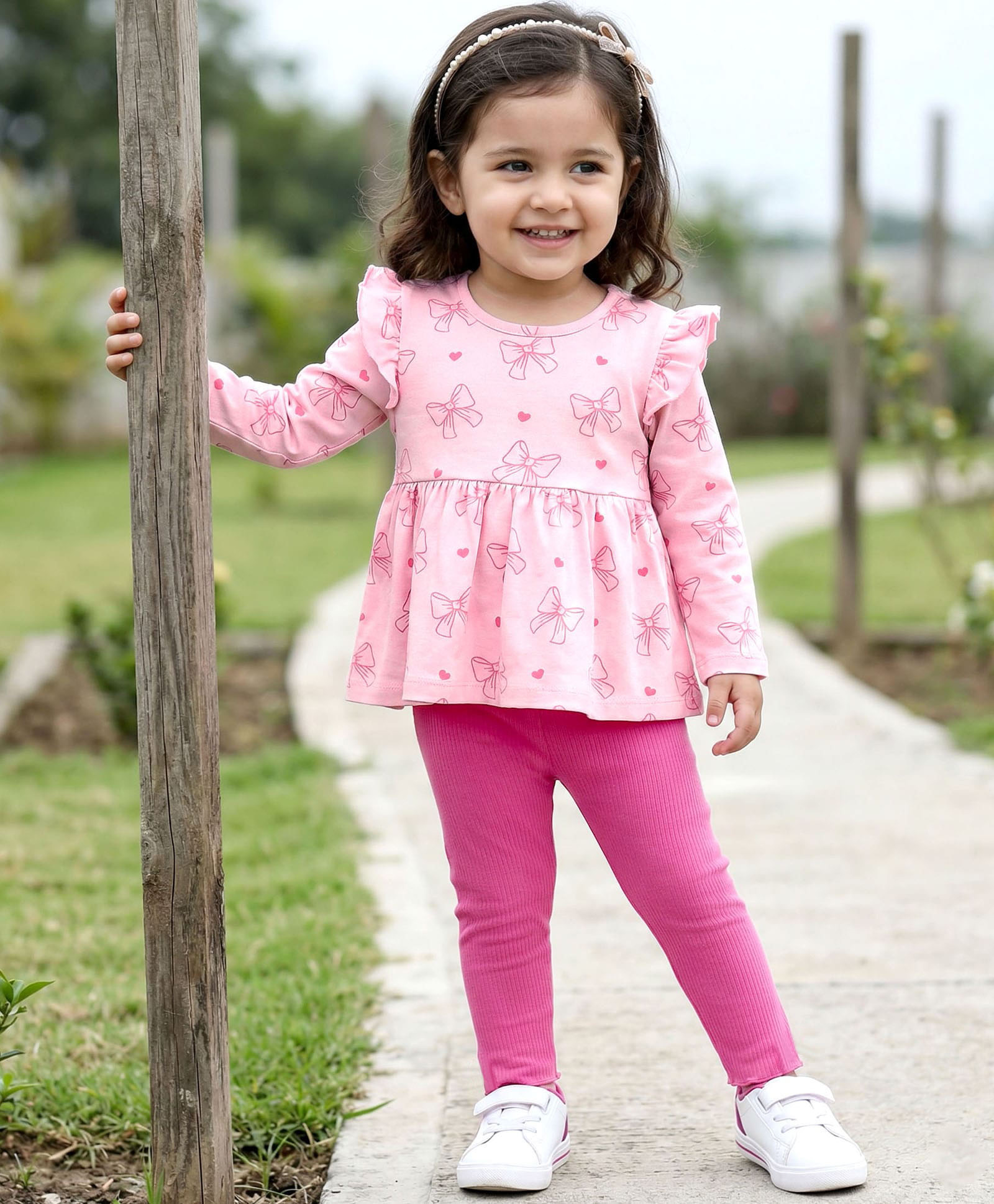 Babyhug Single Jersey Knit Full Sleeves Top & Leggings Set With Bow & Heart Print - Pink-picture-38