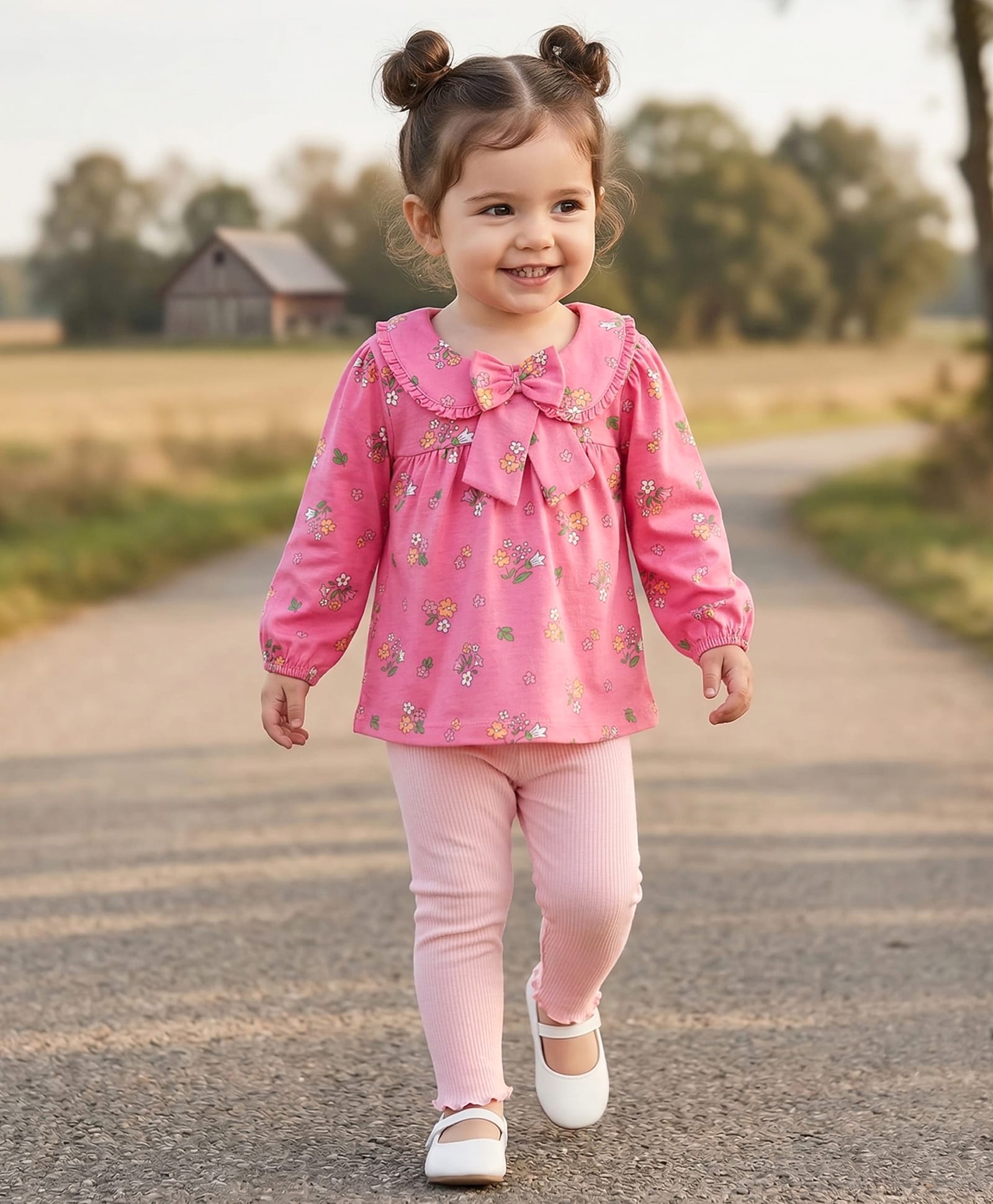 Babyhug Single Jersey Knit Full Sleeves Floral Printed Top & Leggings Set with Bow Applique - Pink-picture-13