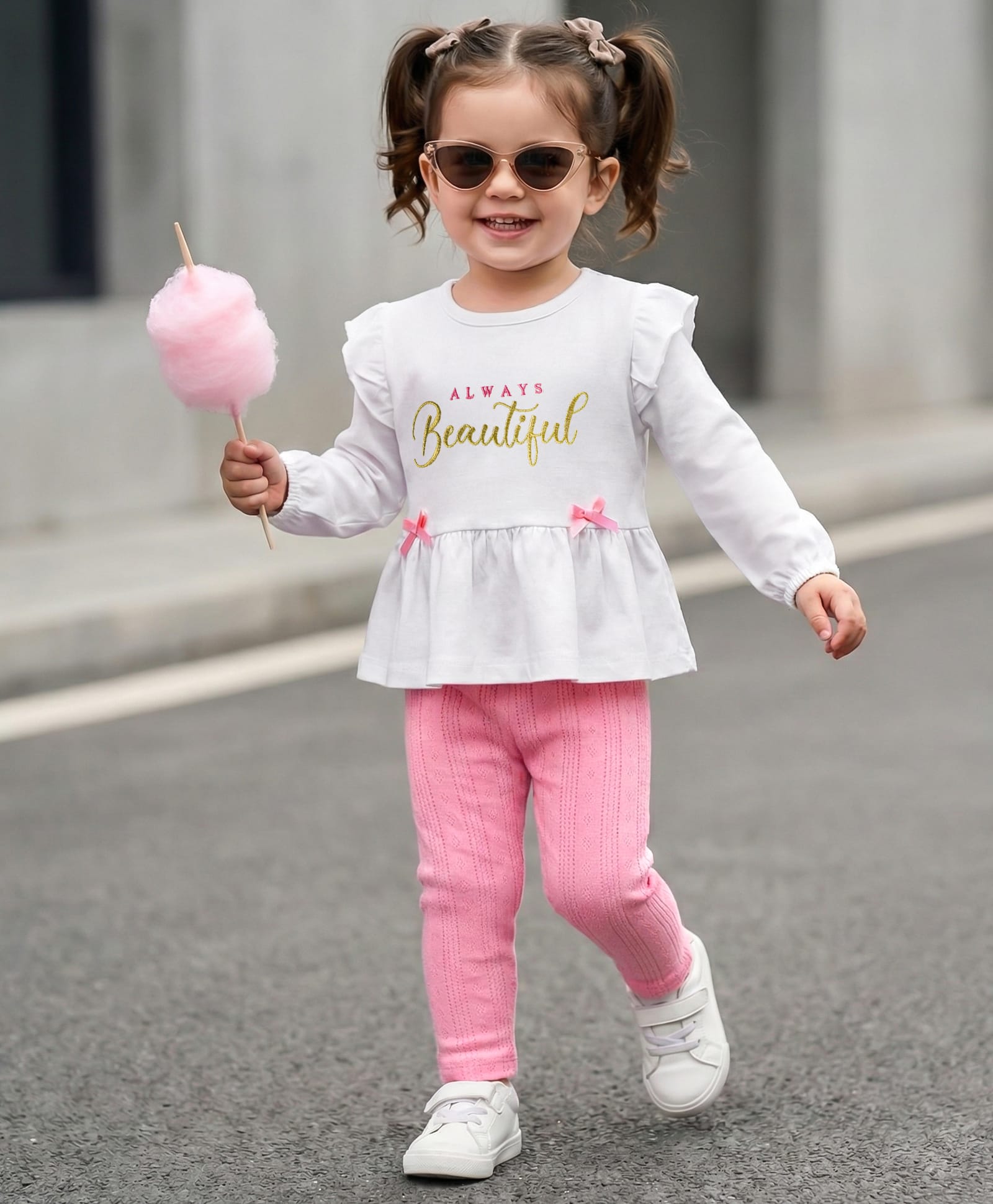 Babyhug Single Jersey Knit Full Sleeves Text Embroidery Top with Bow Applique & Leggings Set - Pink & White-picture-15