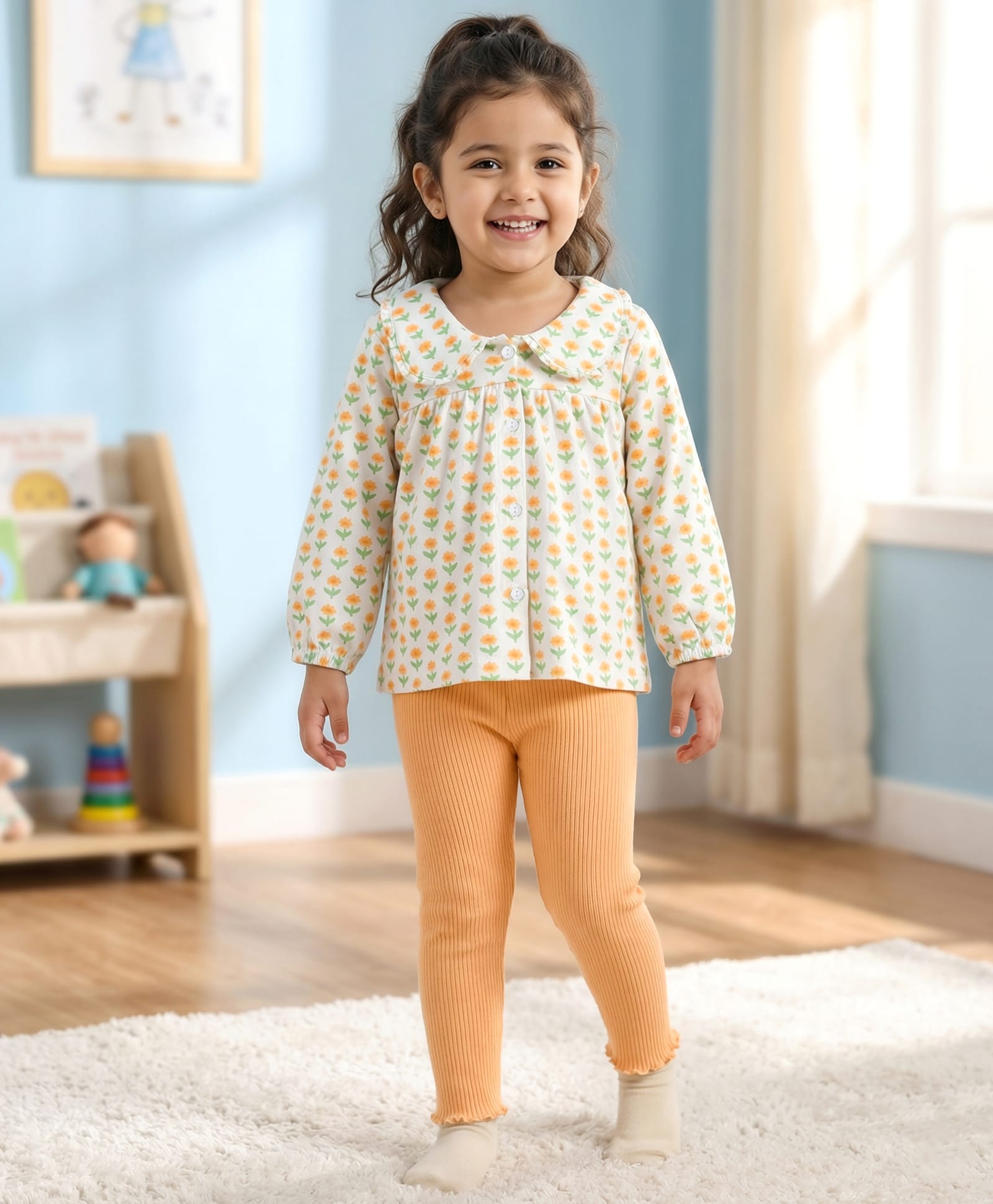 Babyhug Single Jersey Knit Full Sleeves Floral Printed Top & Leggings Set - Orange-picture-11