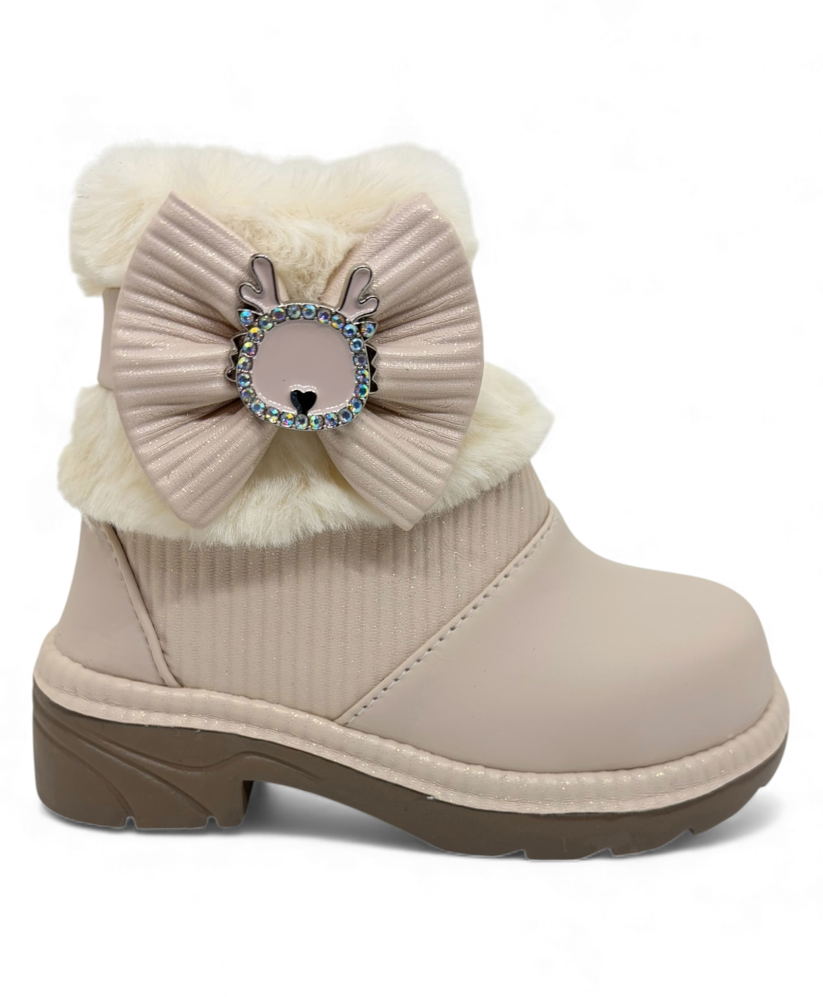 Lil Lollipop Stone Embellished Deer & Bow Applique With Fur Detailed Zipper Closure Boots - Off White
