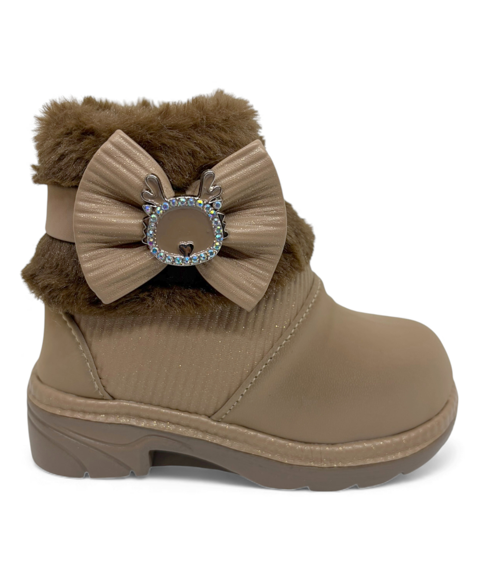 Lil Lollipop Stone Embellished Deer & Bow Applique With Fur Detailed Zipper Closure Boots - Brown