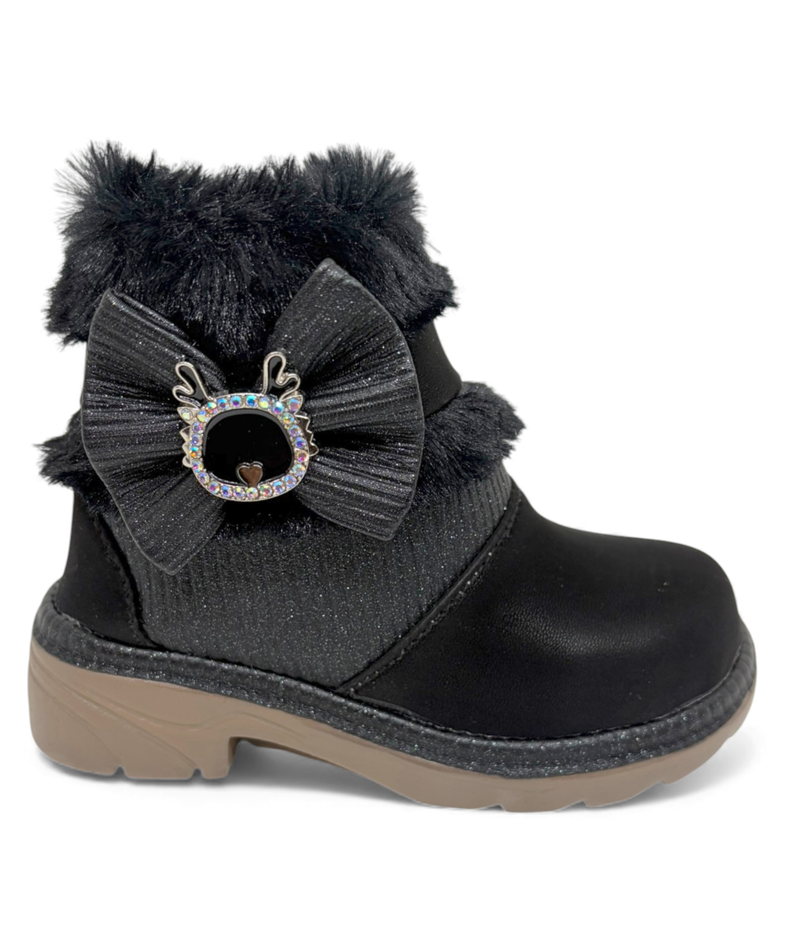 Lil Lollipop Stone Embellished Deer & Bow Applique With Fur Detailed Zipper Closure Boots - Black
