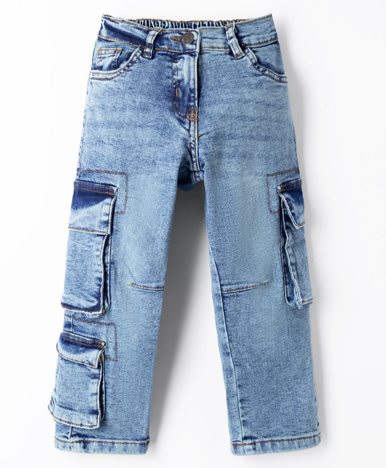 kookie kids india Kookie Kids Full Length Washed Denim Jeans with Cargo Pockets - Light Blue-picture-13
