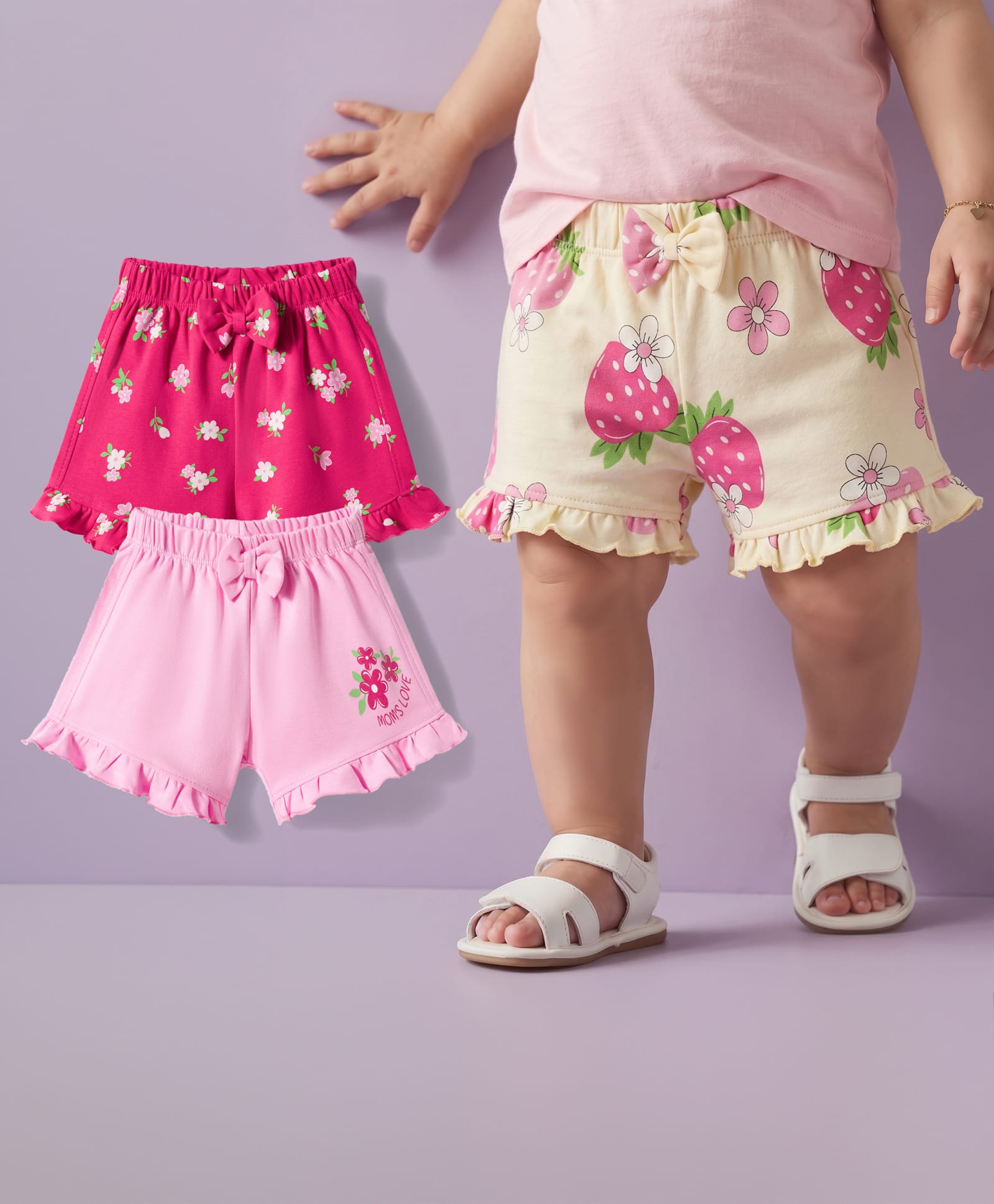 Babyoye 100% Cotton Interlock Knit Eco Conscious Shorts With Eco Jiva Finish Floral & Strawberry Print Pack of 3 - Multicolor-picture-13