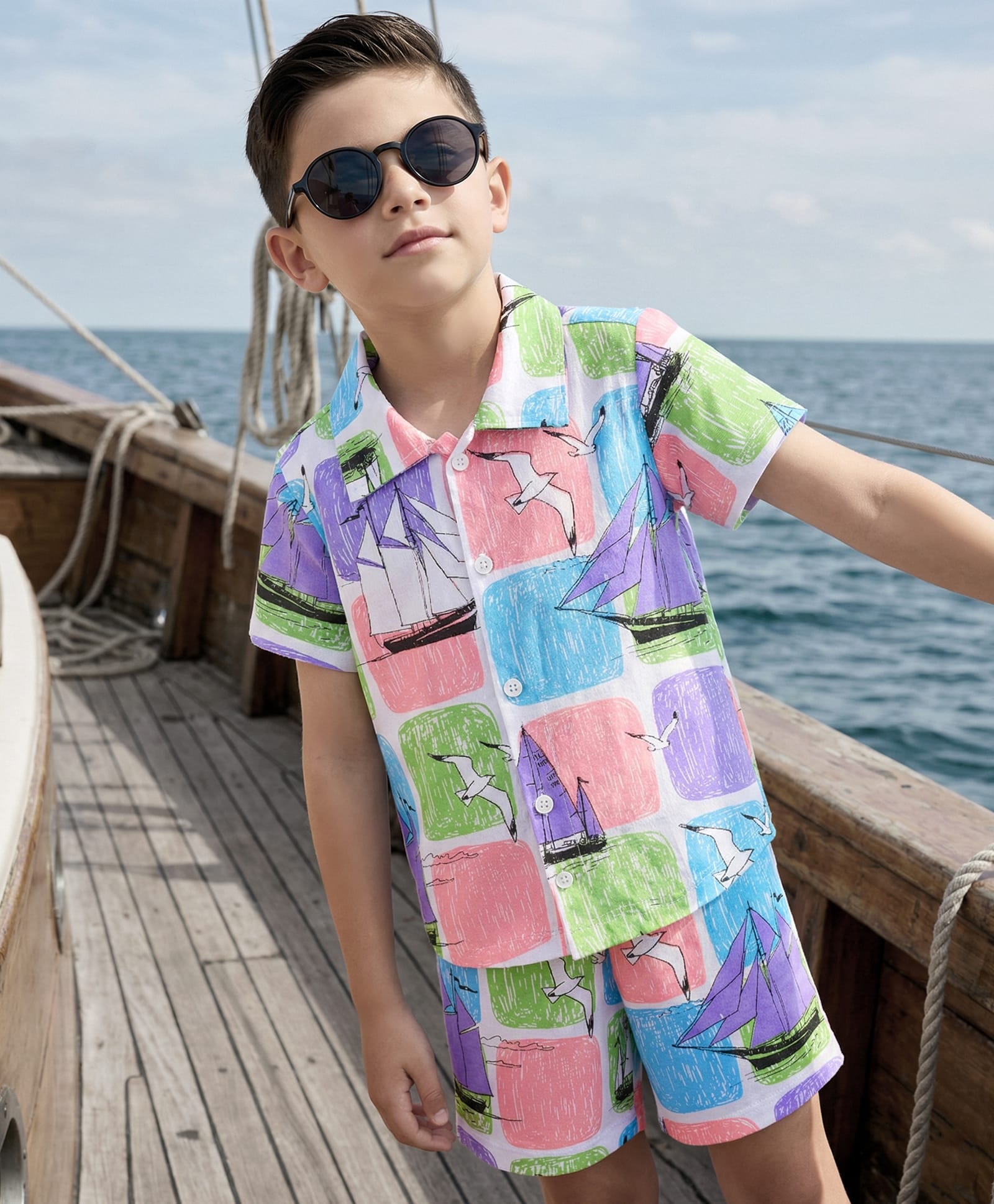 OLLINGTON ST. Cotton Knit Half Sleeves Co-ords Printed Shirt & Shorts Set - Multicolour-picture-10