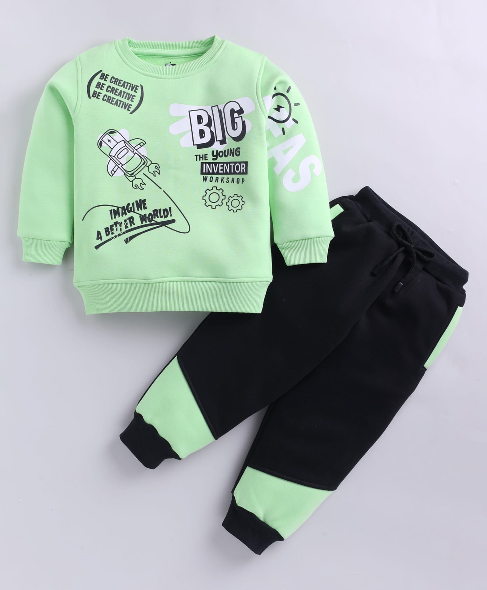 CUTOPIES Cotton Knit Full Sleeves Typography Printed Sweatshirt & Joggers Set - Green & Black-picture-28