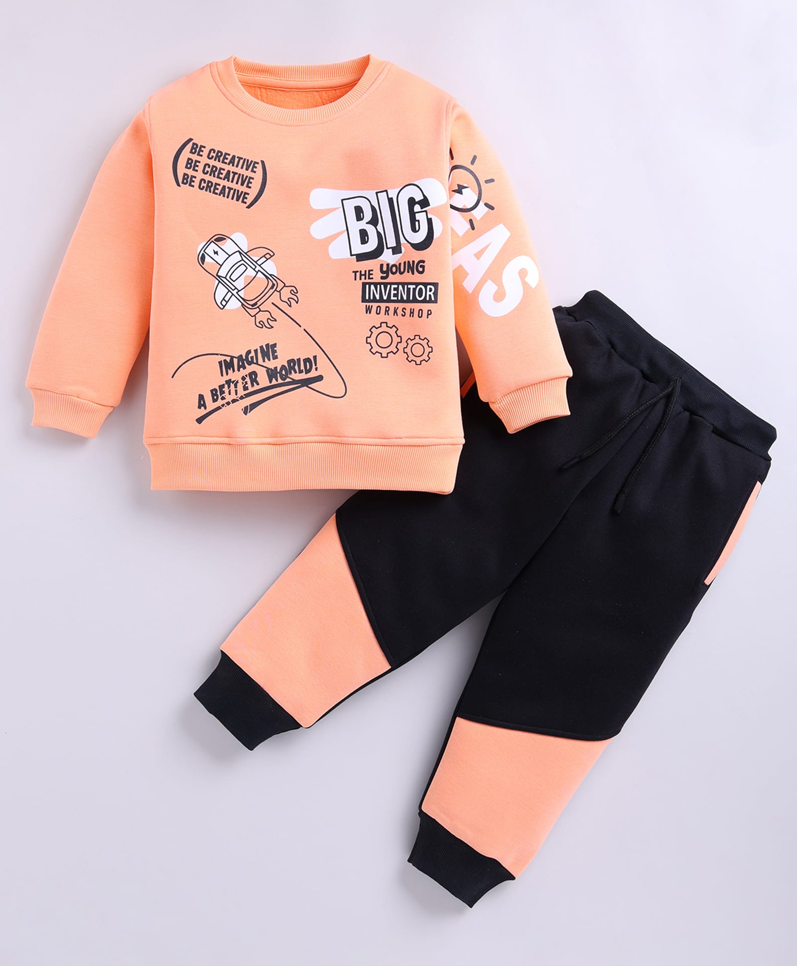 CUTOPIES Cotton Knit Full Sleeves Typography Printed Sweatshirt & Joggers Set - Peach & Black-picture-23
