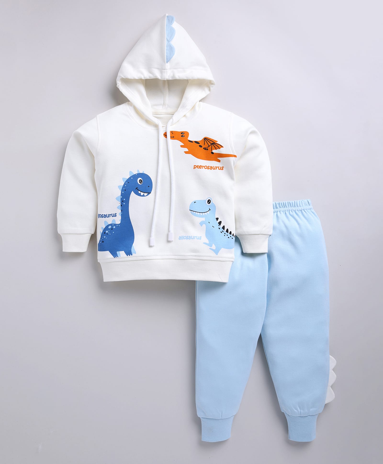 CUTOPIES Cotton Knit Full Sleeves Dinosaur Printed Hooded Sweatshirt & Joggers Set - Off White & Blue-picture-29