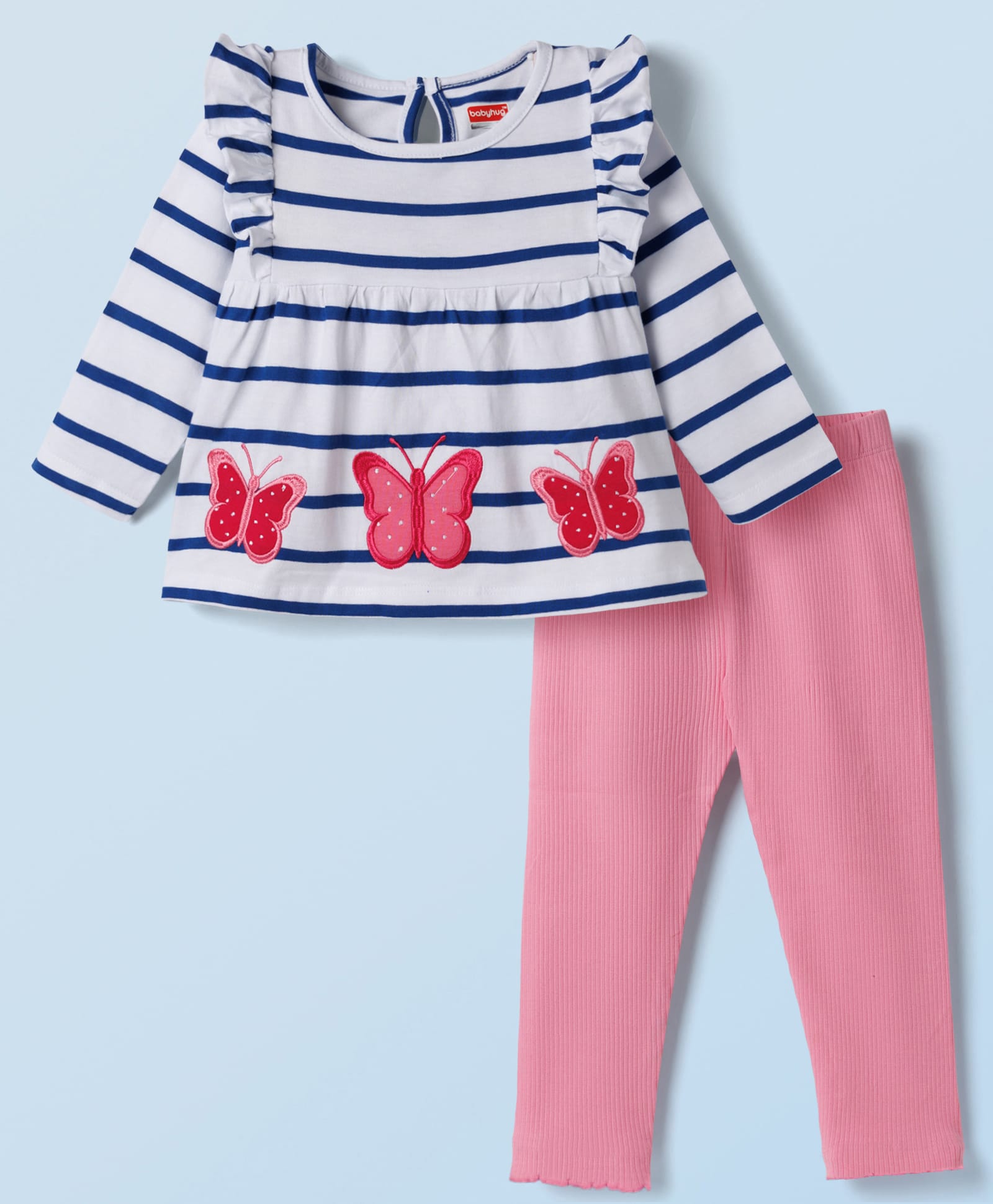 Babyhug Single Jersey Knit Full Sleeves Striped Top & Leggings Set with Butterfly Embroidery - Pink & Blue-picture-29