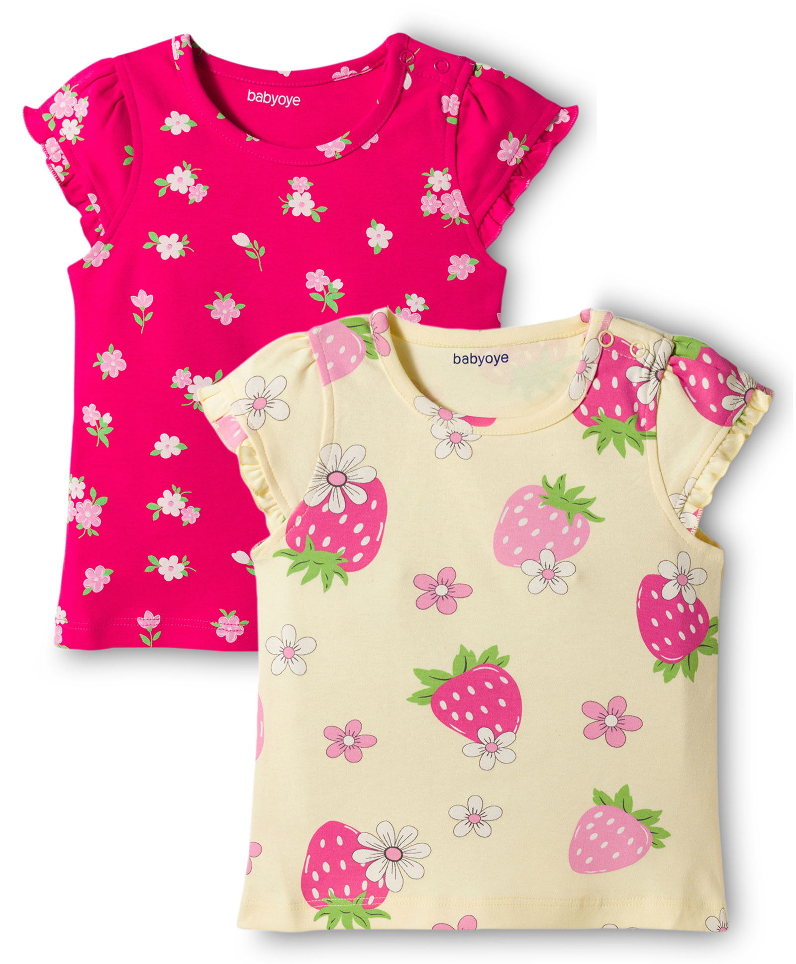 Babyoye Cotton Interlock Knit T-Shirts Floral & Strawberry Print Half Sleeves / Pack of 2 Red/Pink 0-0 Months-image-29