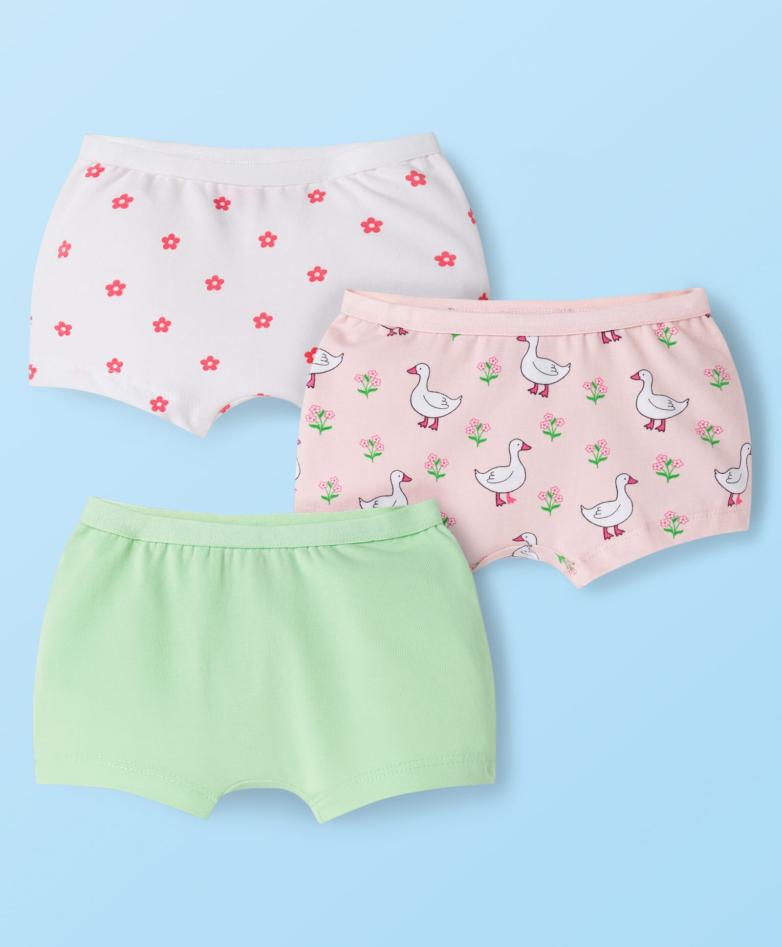 Babyhug Cotton Lycra Knit Hipster With Floral Print Pack Of 3 - White Peach & Light Green-image-7
