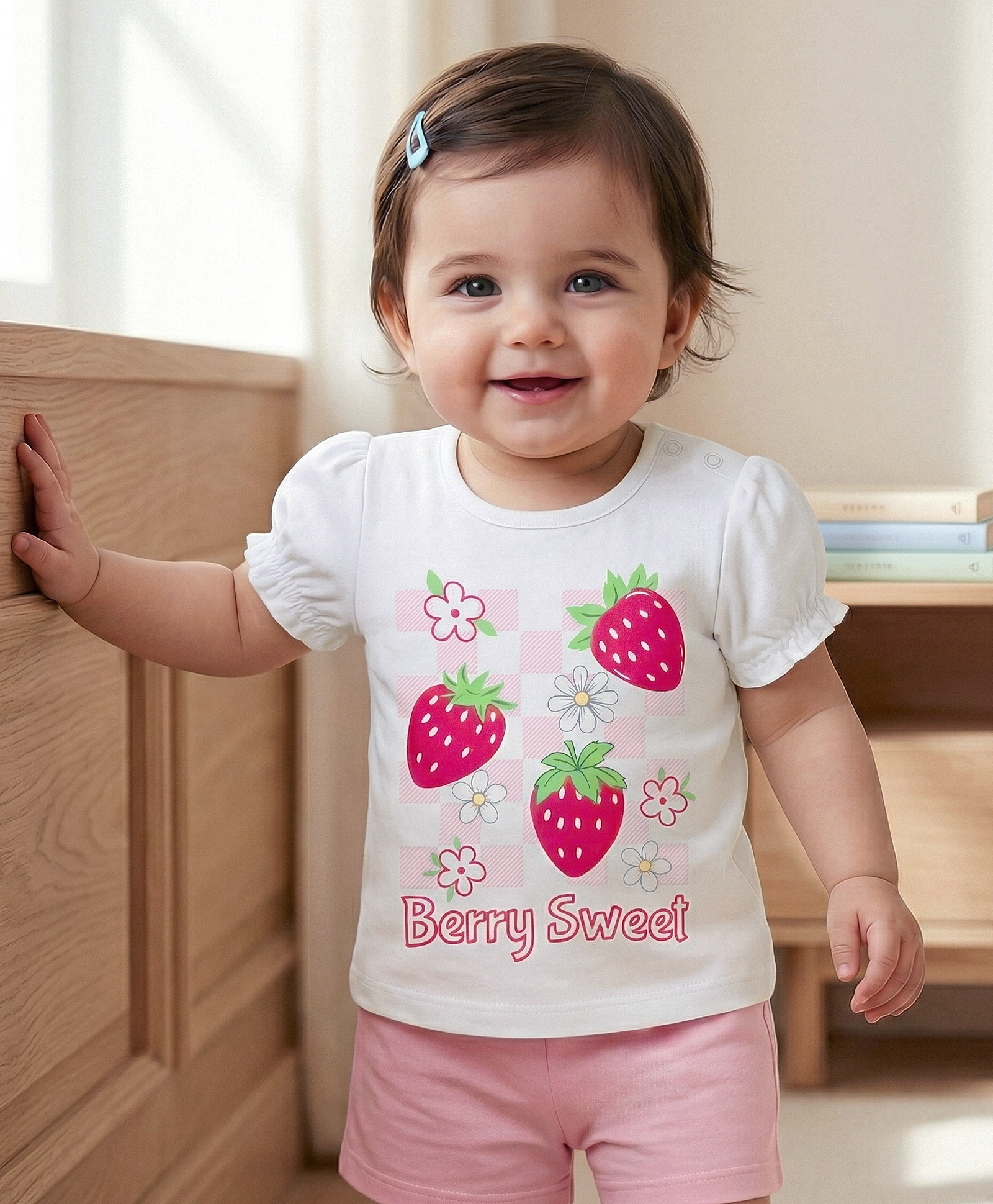 Babyoye Interlock Knit Half Sleeve Top With Eco Jiva Finish & Strawberry Print - Pink & White-image-43