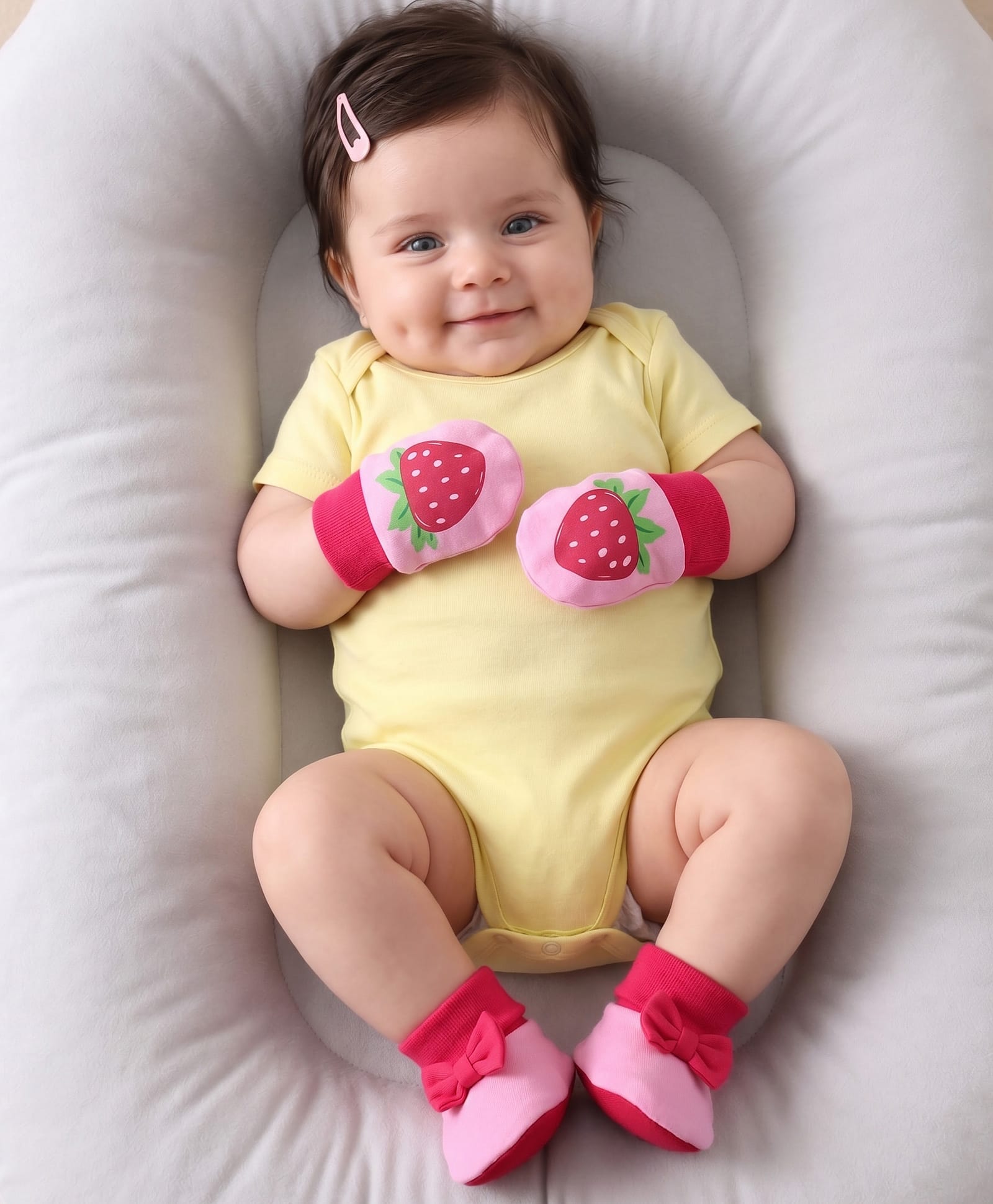 Babyoye 100% Cotton Knit Eco Jiva Finish Mittens And Booties Set With Strawberry Print & Bow Applique - Pink-picture-33