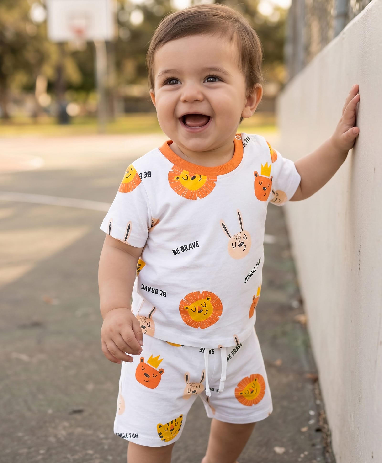 Doodle Poodle 100% Cotton Knit Half Sleeves Jungle Theme Printed Co-Ords T-shirt & Shorts Night Suit - White-picture-30