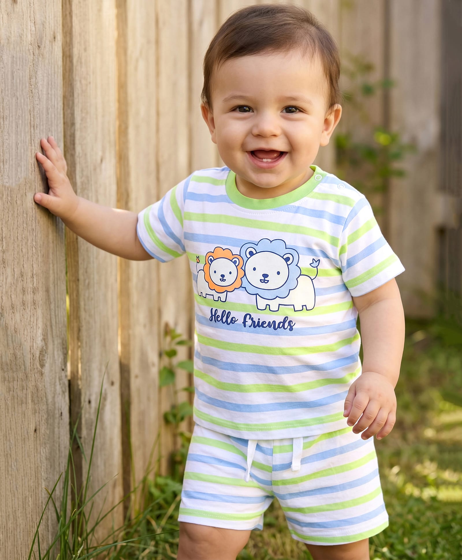 Doodle Poodle 100% Cotton Knit Half Sleeves StripedT-Shirt & Shorts Night Suit with Lion Print - White-picture-44