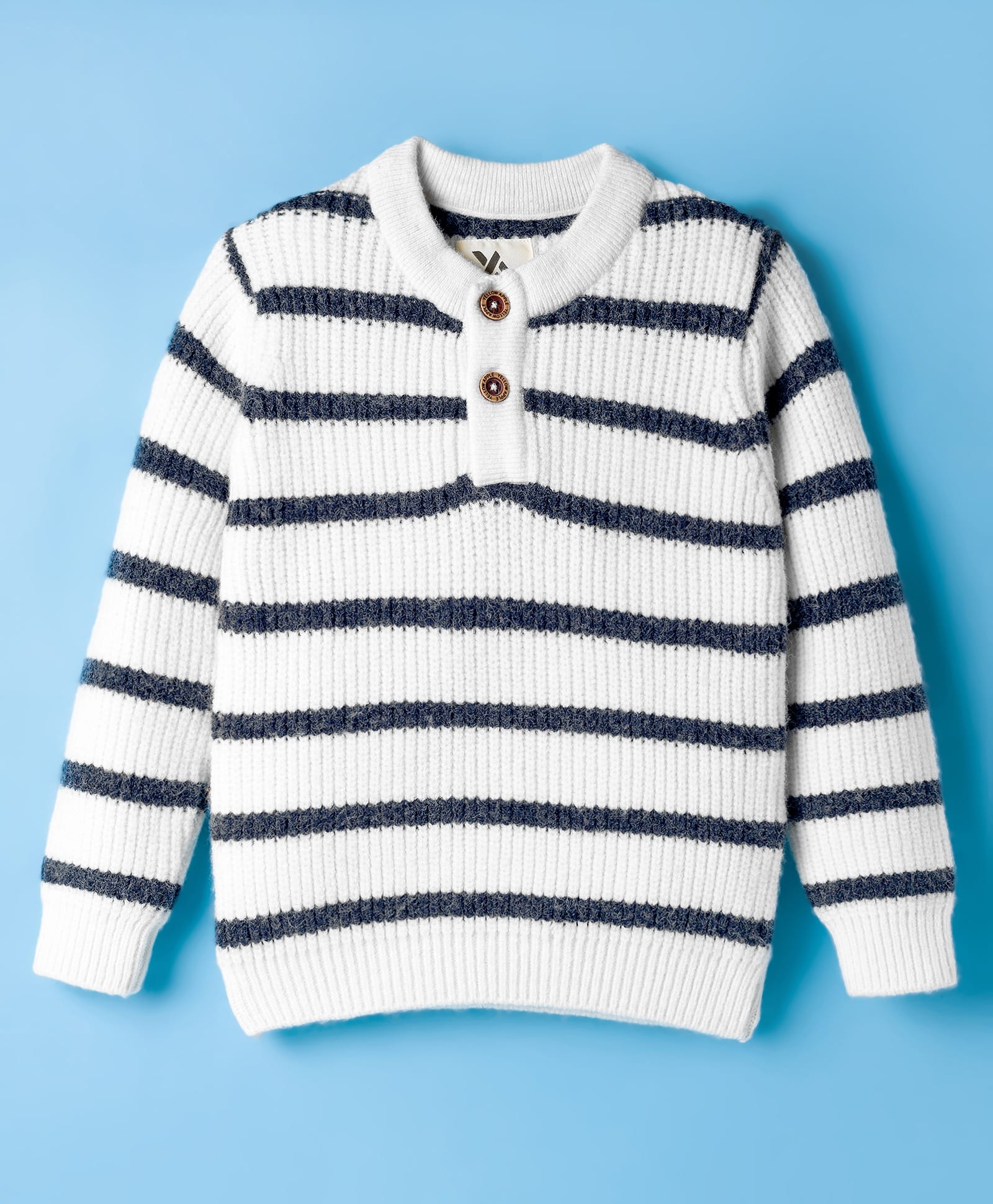 Yellow Apple Knit Full Sleeves Pullover Sweater With Stripes - White