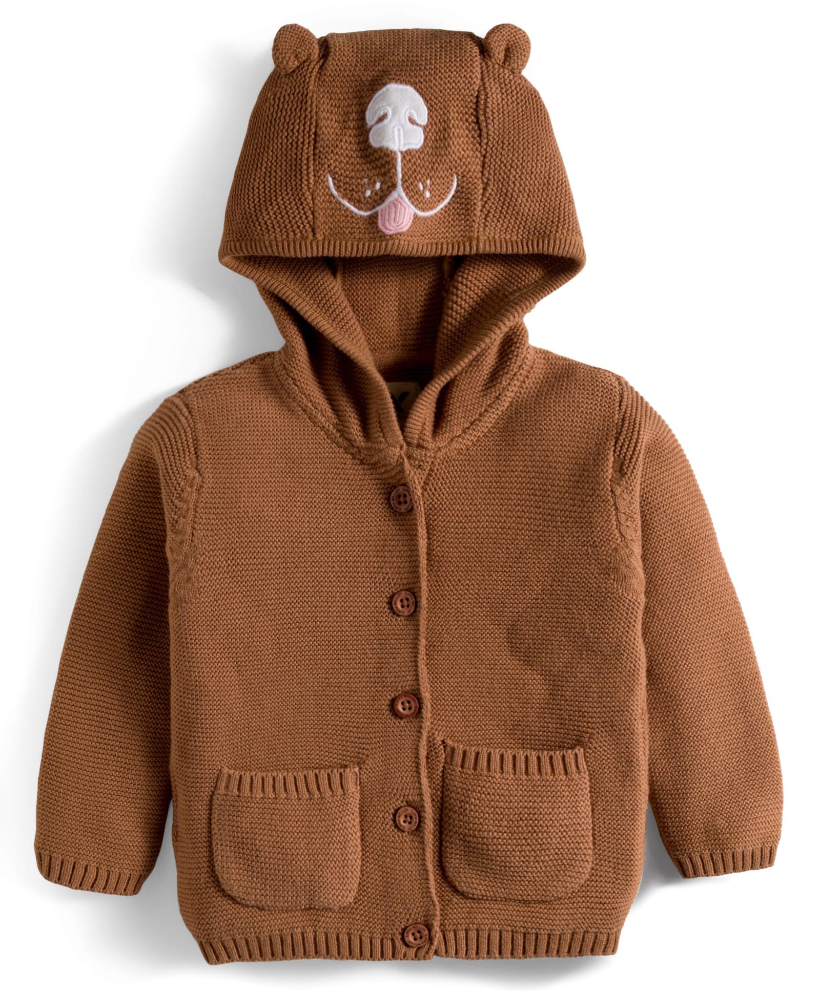 Yellow Apple Knit Full Sleeves Hooded Front Open Sweater With Dog Face Embroidery - Brown
