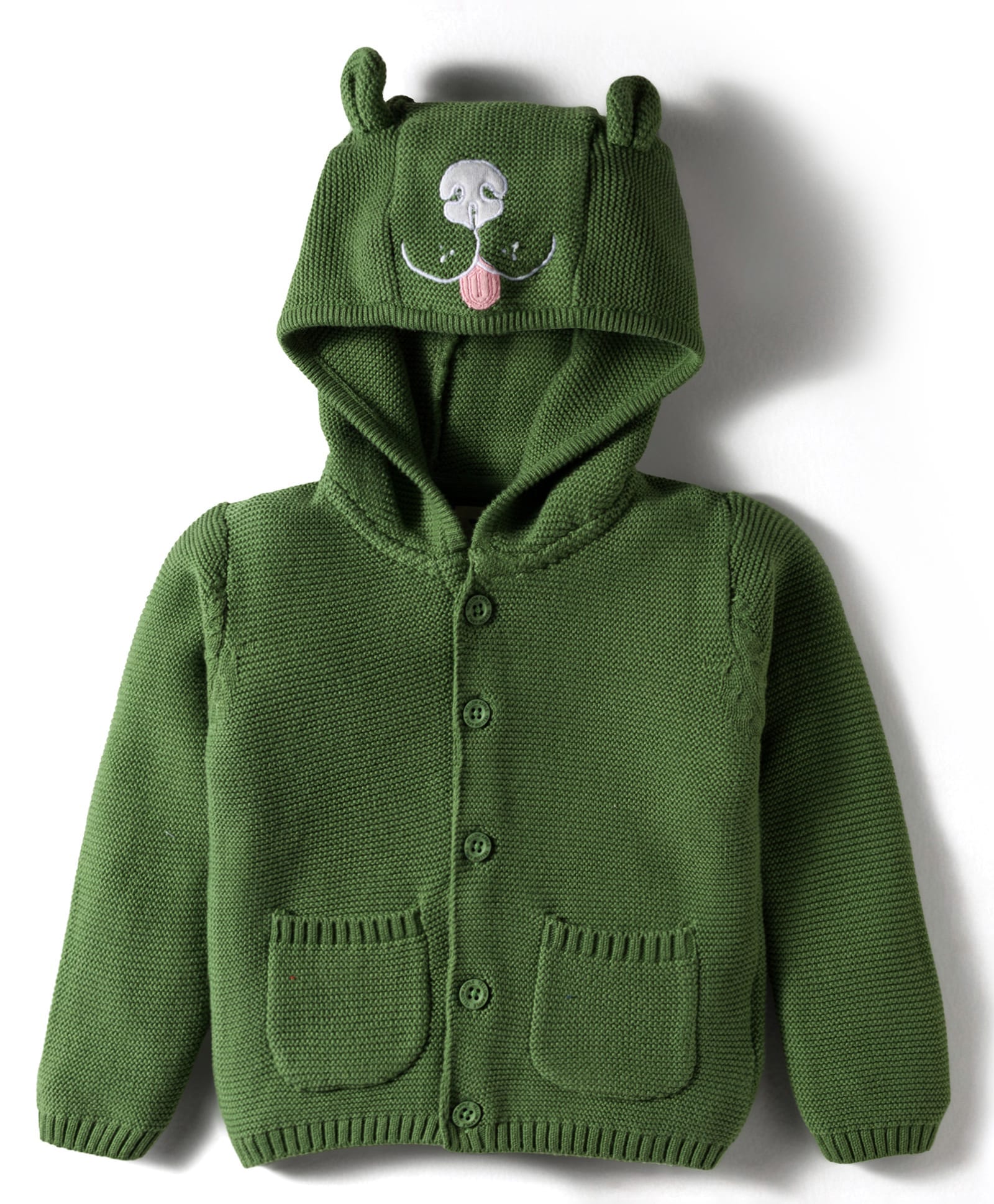 Yellow Apple Knit Full Sleeves Hooded Front Open Sweater With Dog Face Embroidery - Green-picture-22