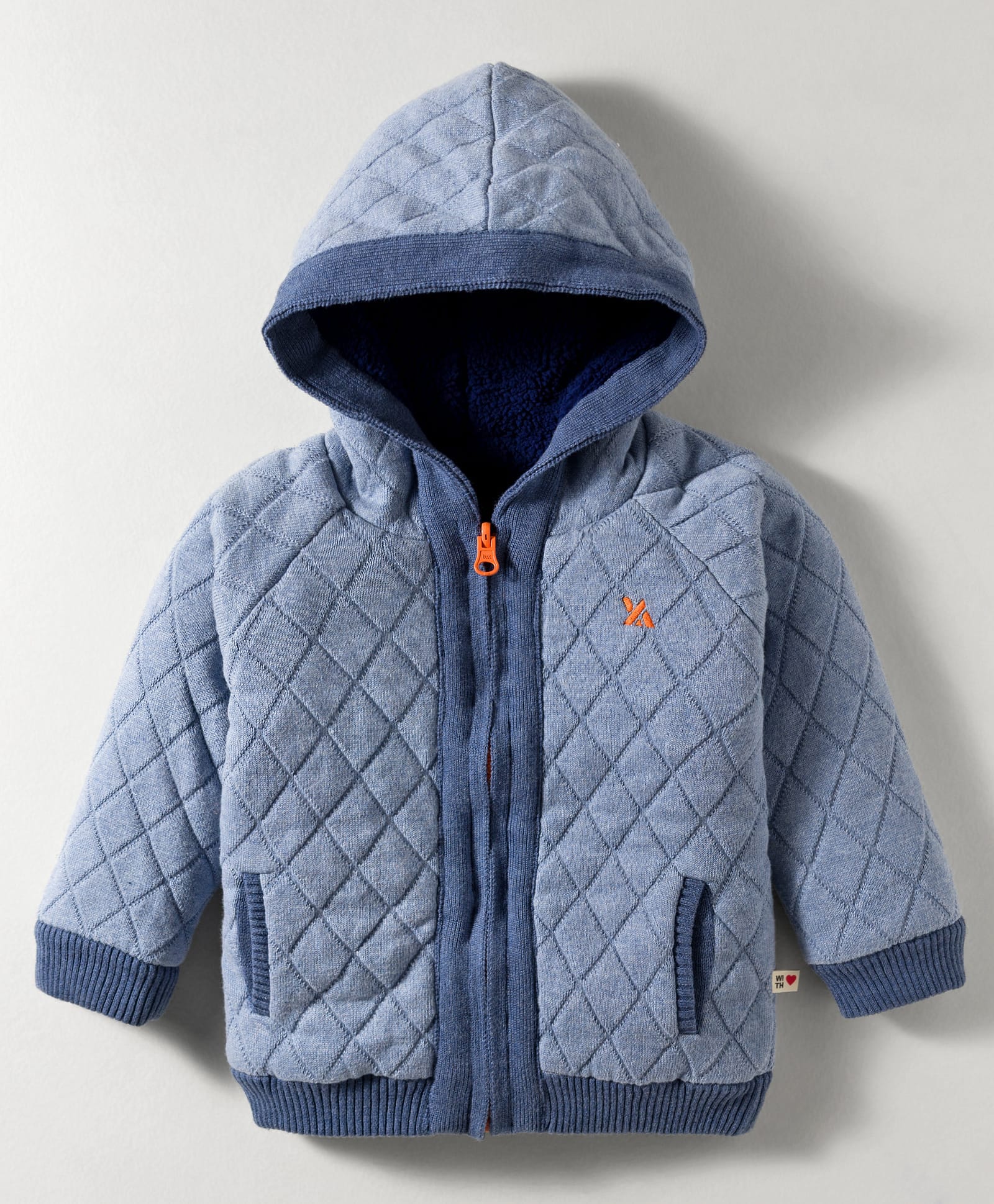 Yellow Apple Knitted Raglan Full Sleeves Hooded Front Open Sweater with Quilt Design - Sky Blue-picture-21