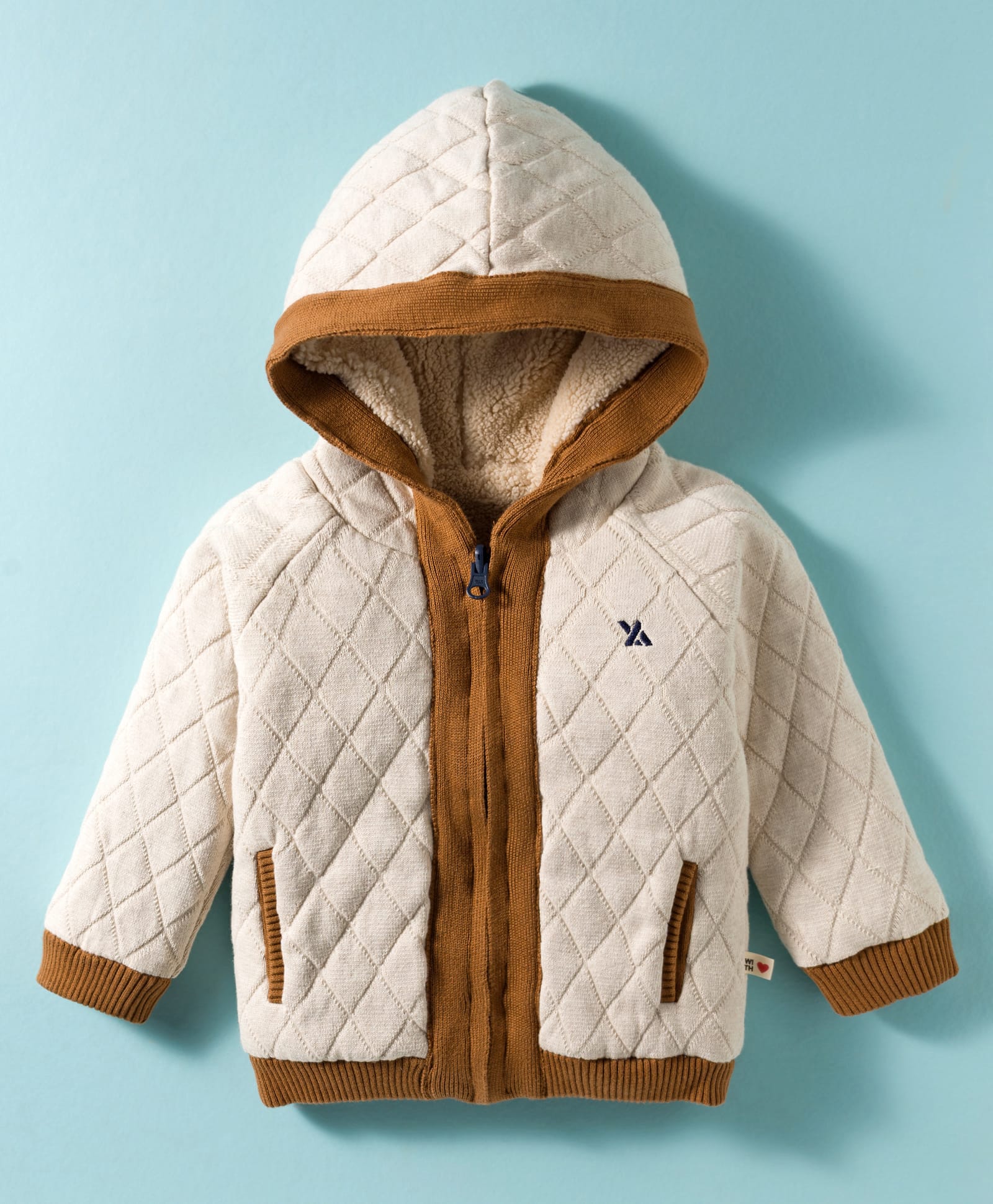 Yellow Apple Knitted Raglan Full Sleeves Light Winter Quilted Hooded Jacket - Beige-image-18