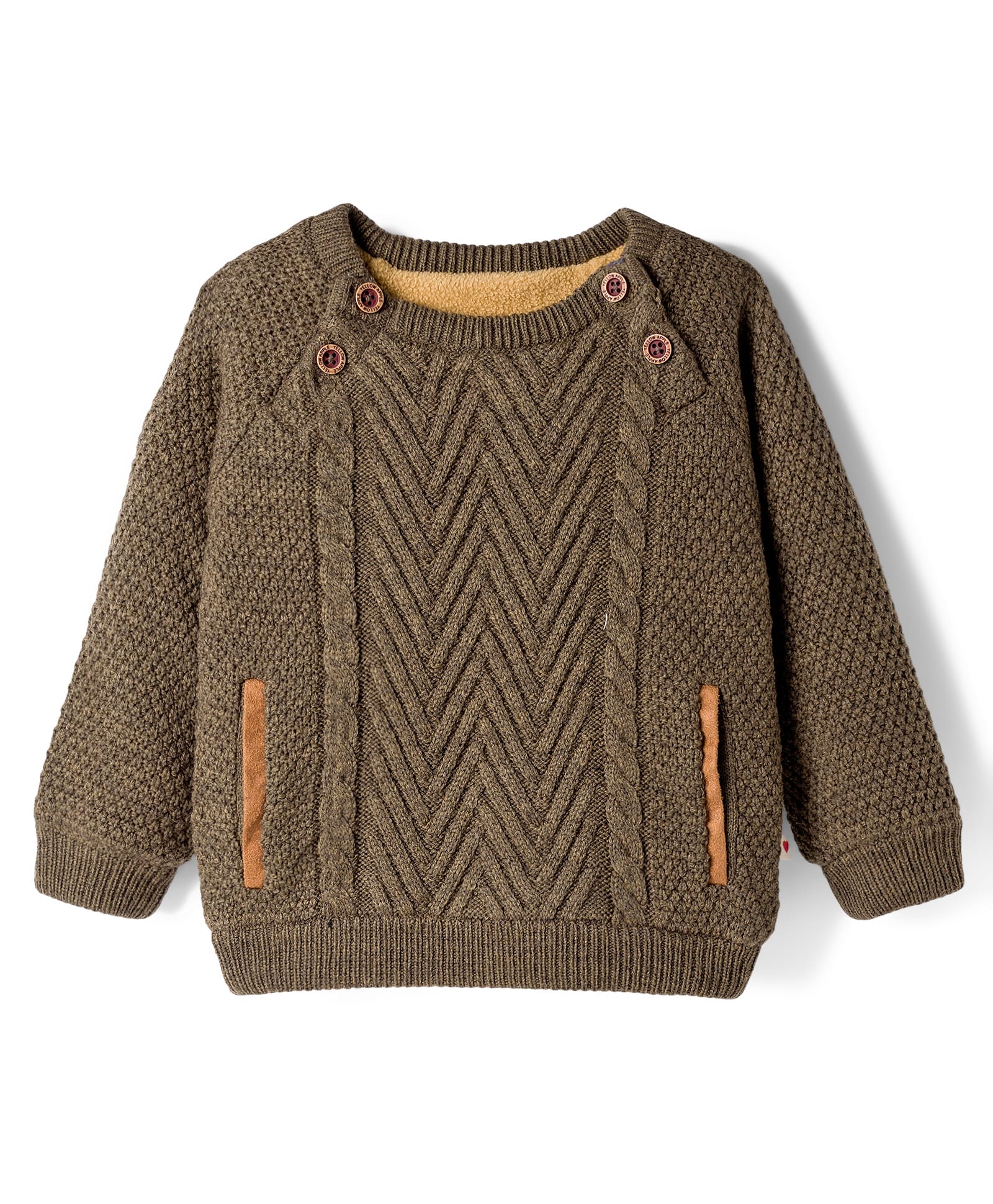 Yellow Apple Knitted Raglan Full Sleeves Pullover Sweater with Cable Knit Design - Beige-picture-26