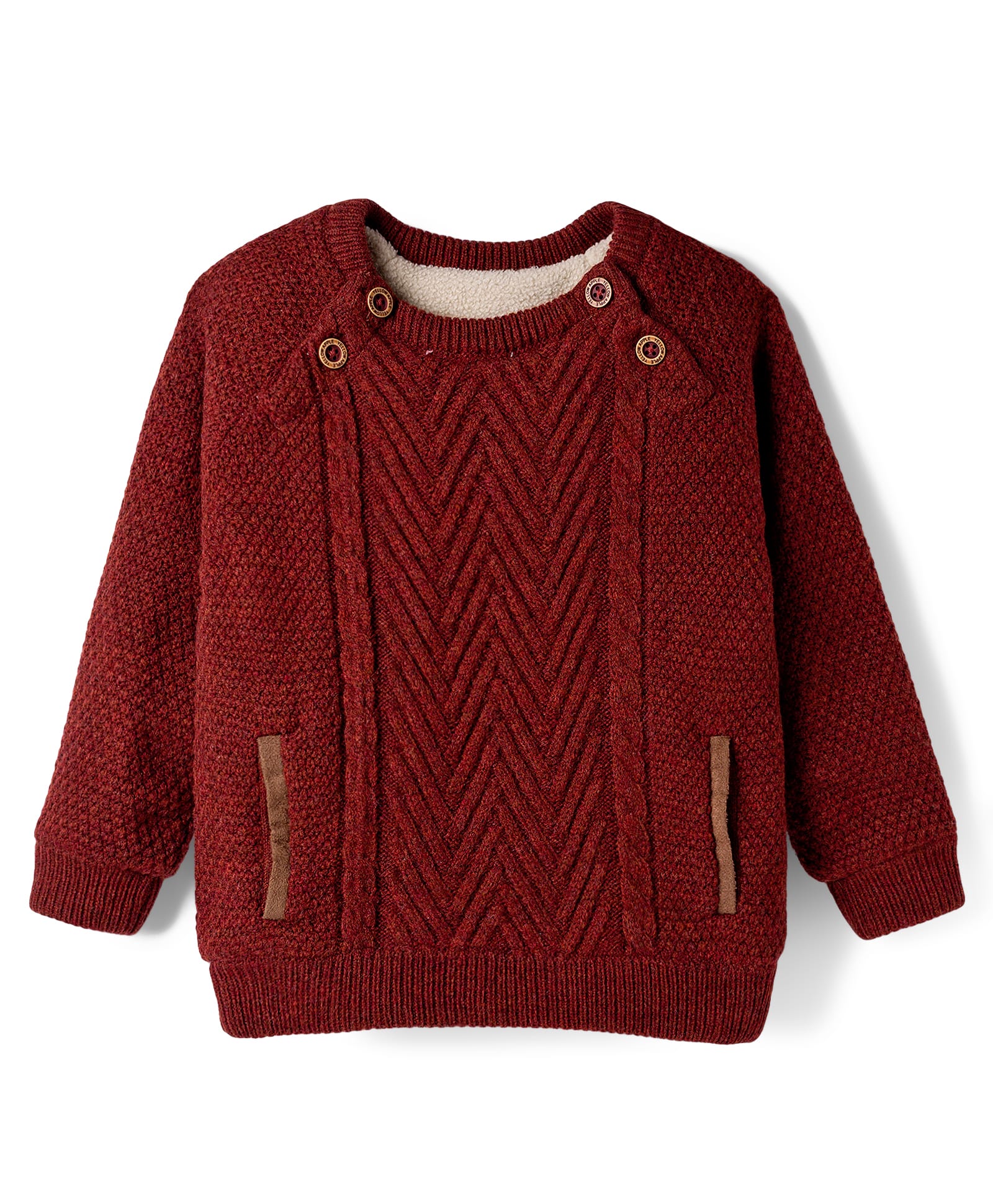 Yellow Apple Knitted Raglan Full Sleeves Pullover Sweater with Cable Knit Design - Maroon