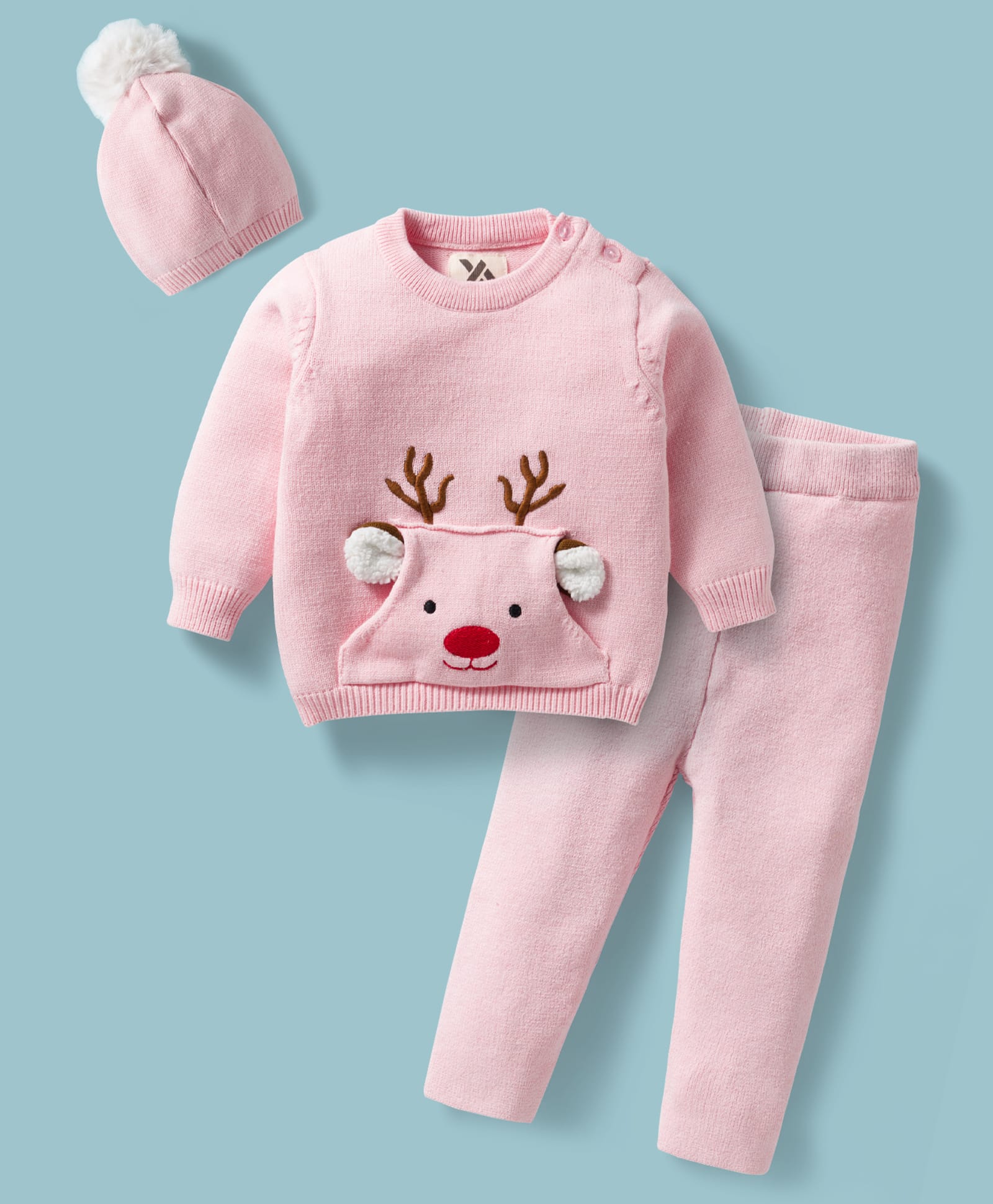 Yellow Apple Knit Full Sleeves Sweater Set With Bunny Applique & Cap - Baby Pink-picture-22