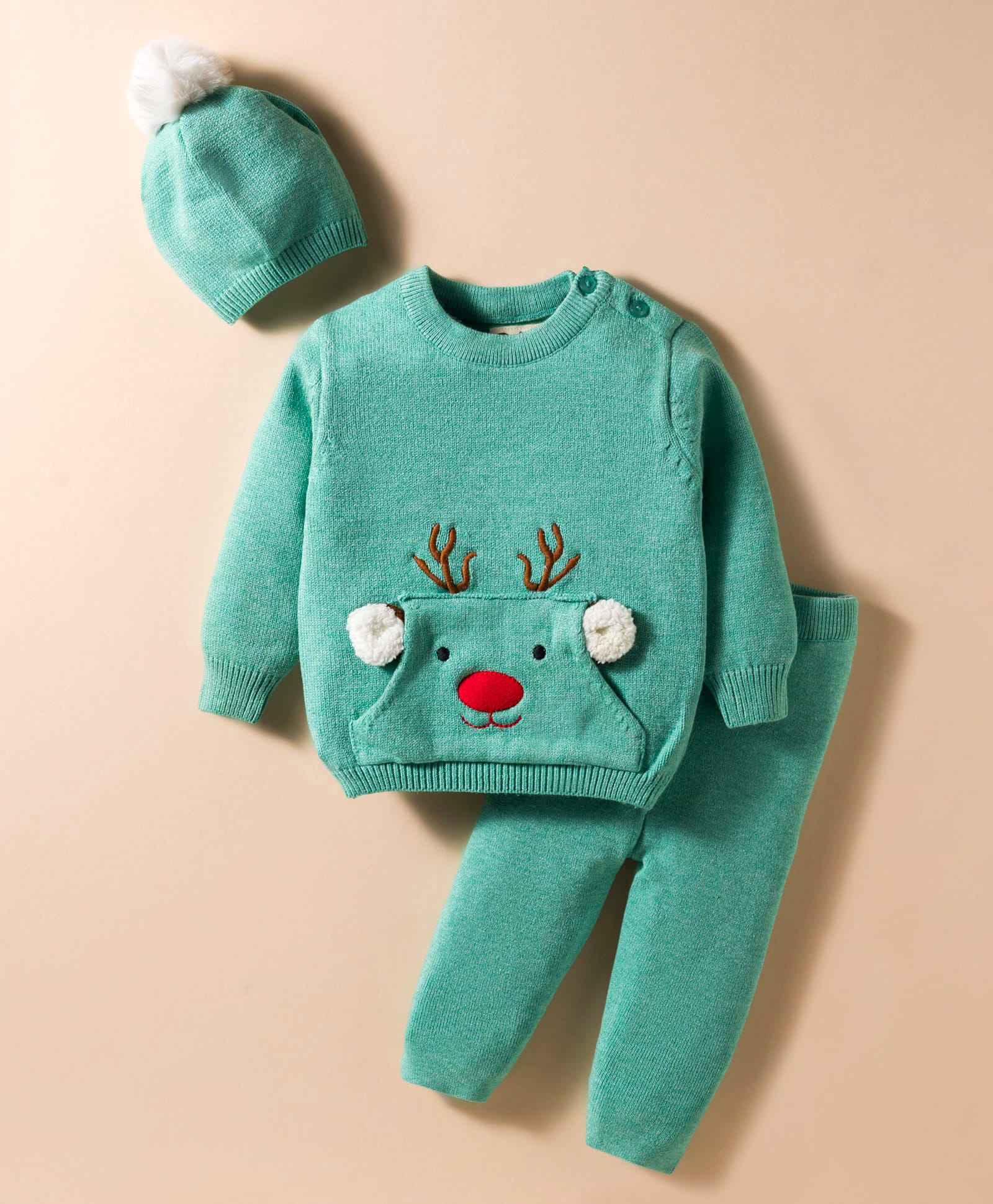 Yellow Apple Knit Full Sleeves Sweater Set With Bunny Applique & Cap - Aqua-image-37