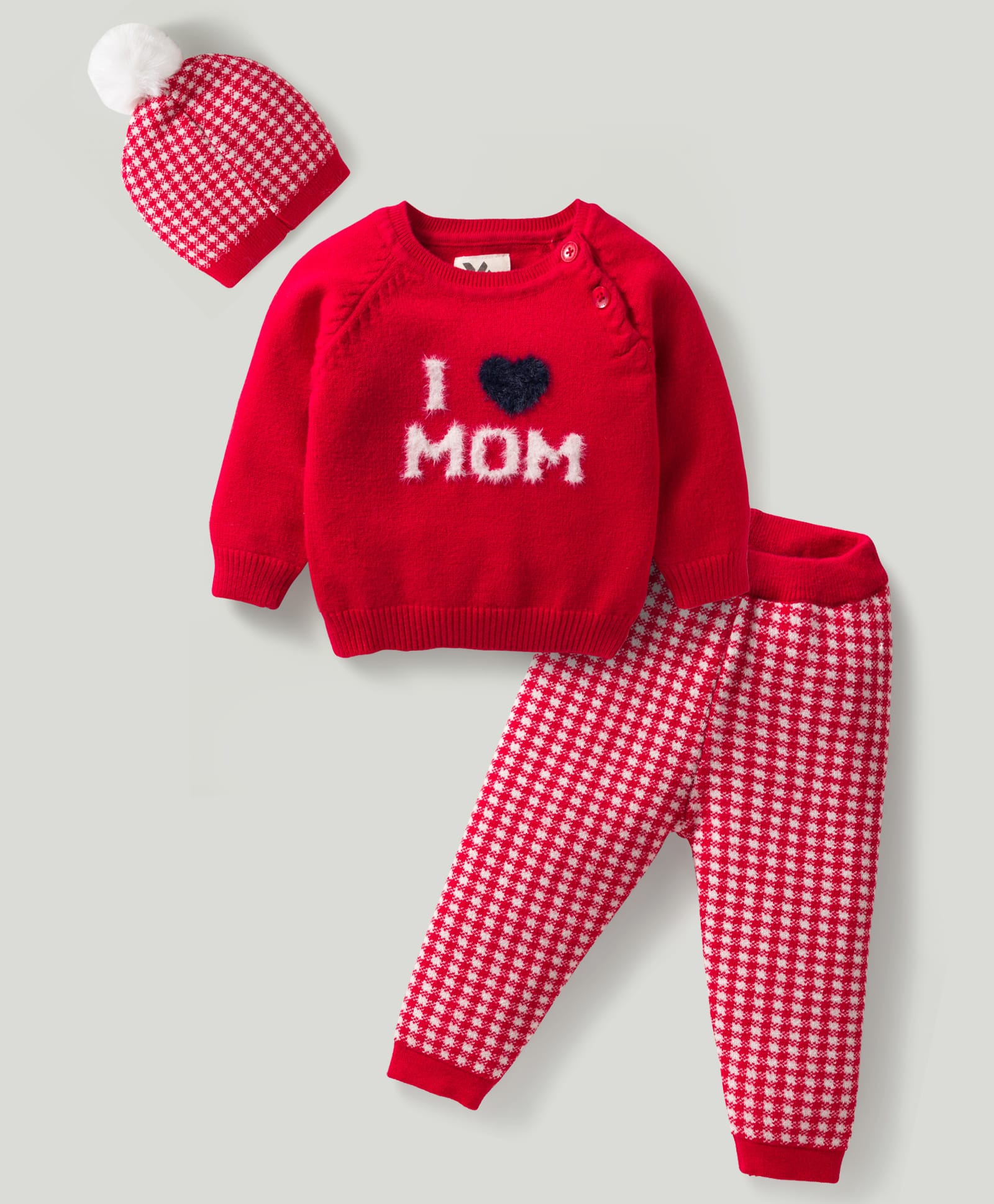 Yellow Apple Knit Full Sleeves Sweater Set With I Love Mom Design & Cap - Red-picture-10