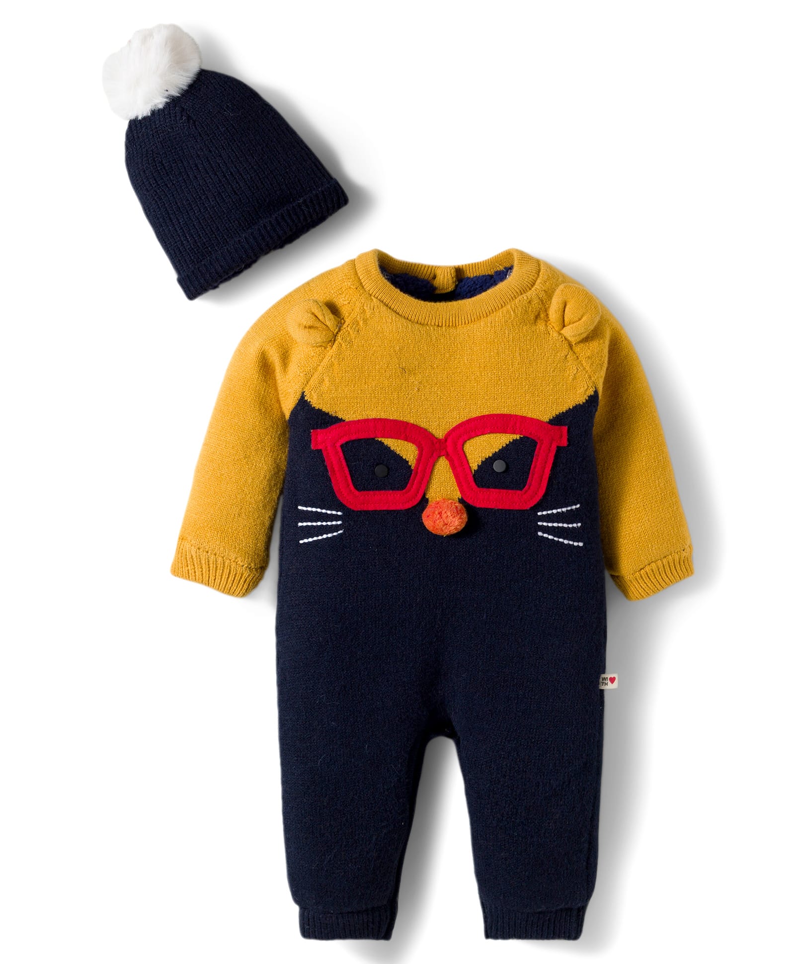 Yellow Apple Knit Full Sleeves Winter Wear Romper with Cap & Kitty Design - Navy Blue-image-38